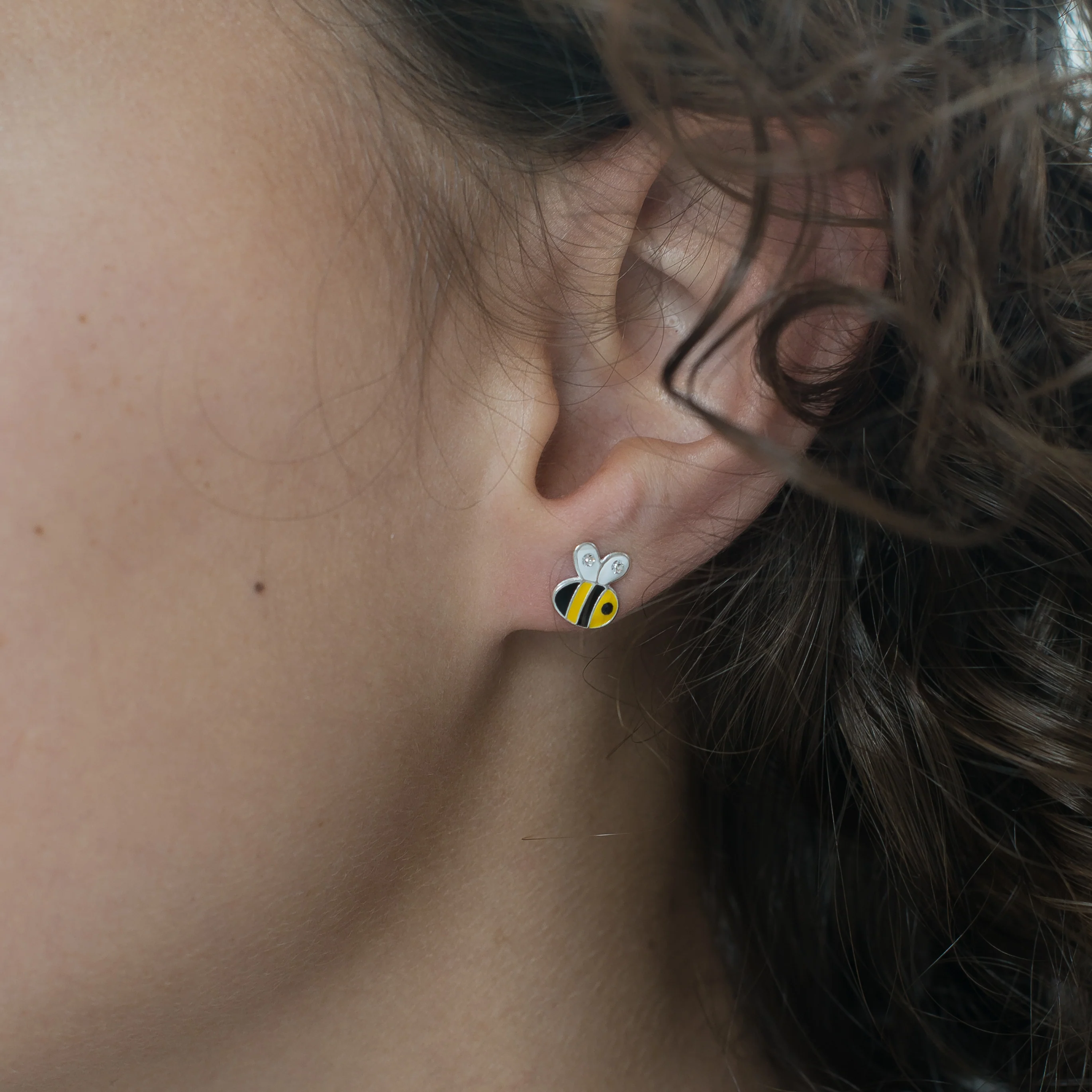 Silver enamel & crystal bee stud earrings - Image 2