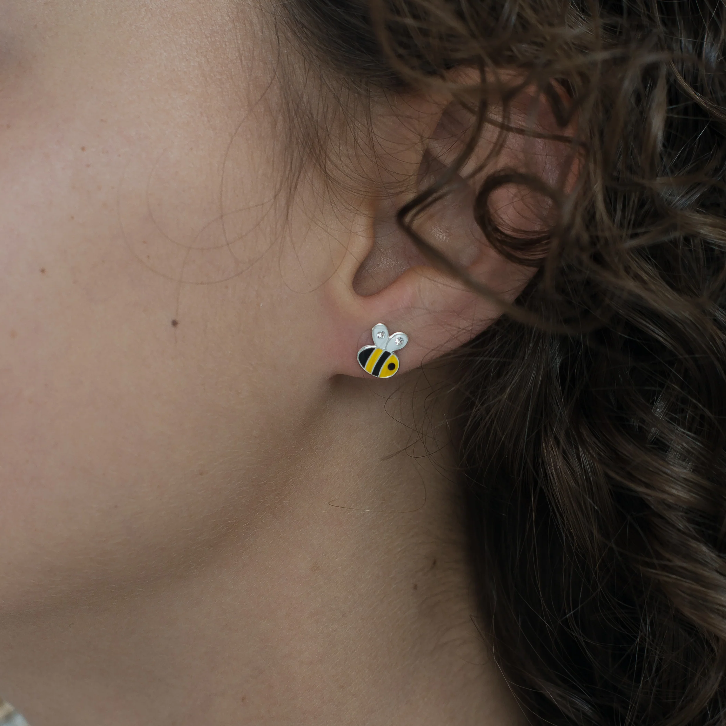Silver enamel & crystal bee stud earrings - Image 4