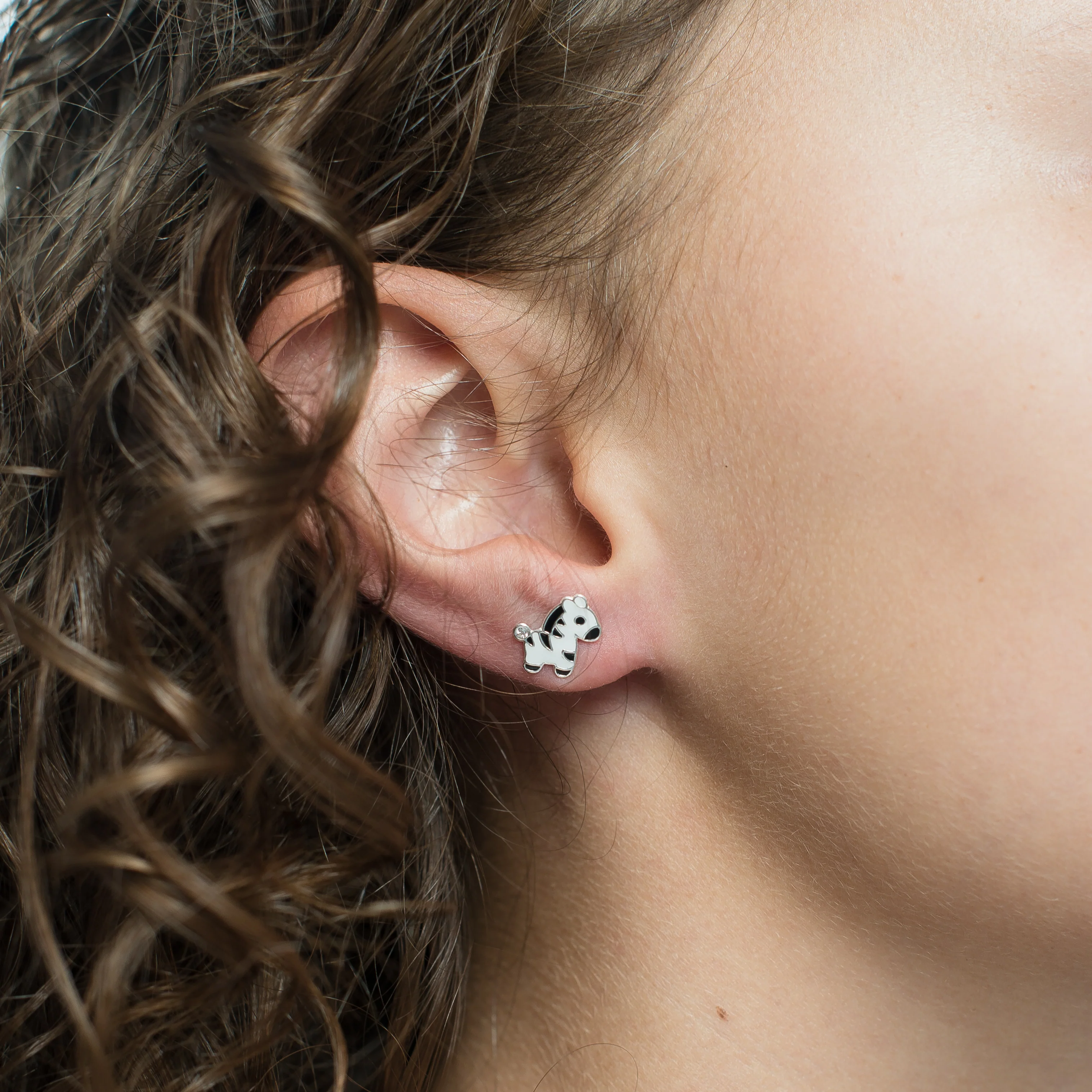 Silver enamel crystal zebra stud earrings - Image 2