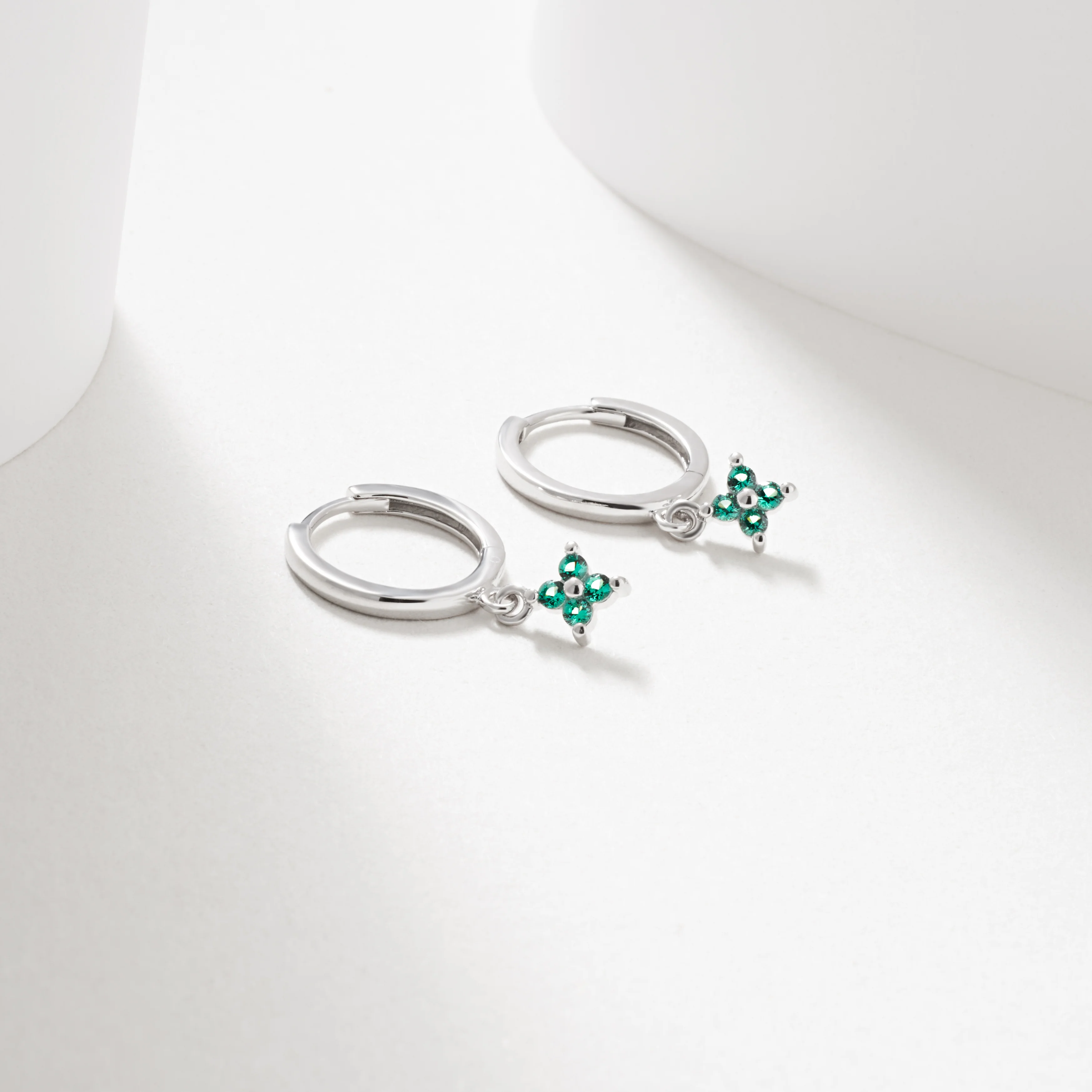 Silver Huggie Earrings with Created Emerald Flower Drops - Image 2