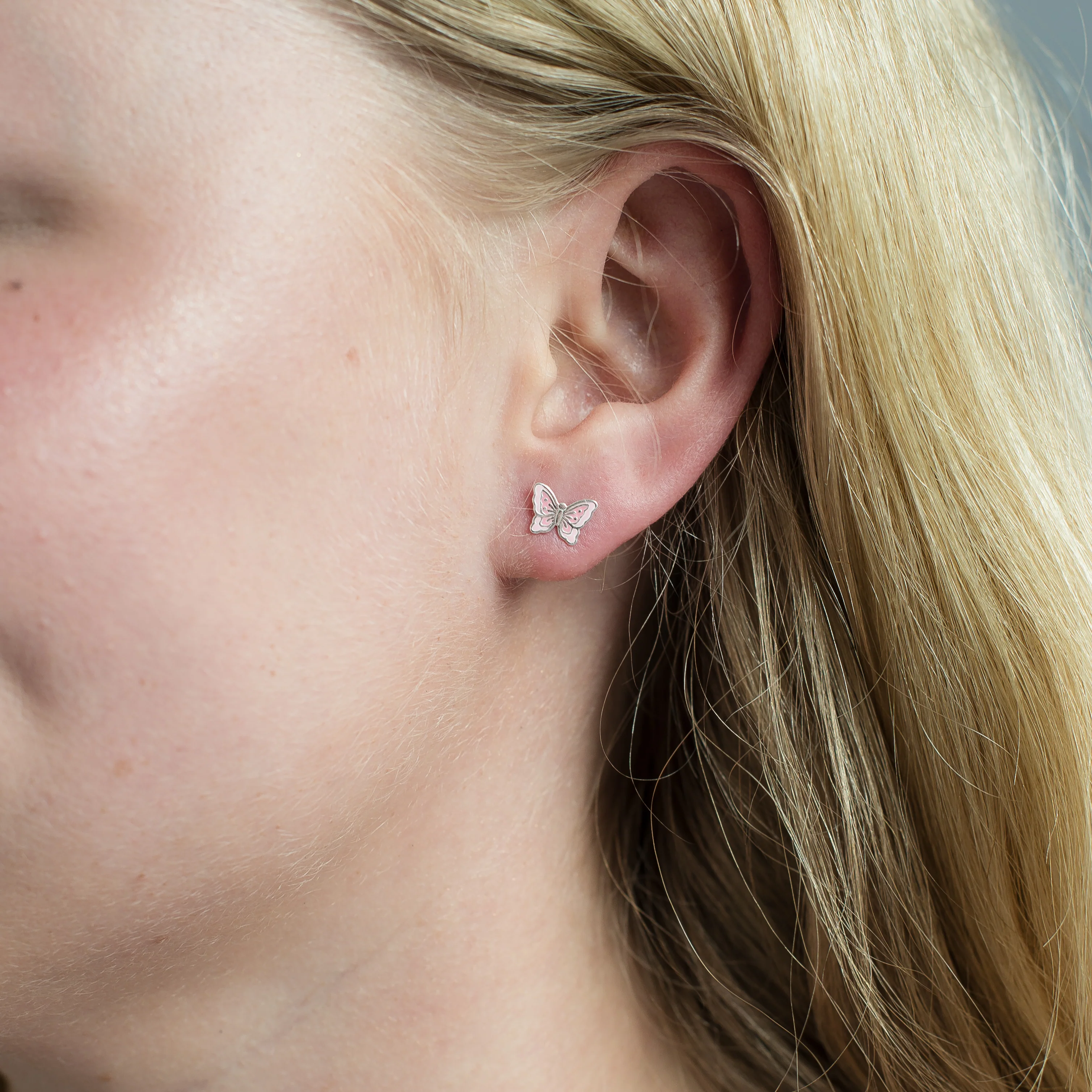Silver pink enamel butterfly stud earrings - Image 2