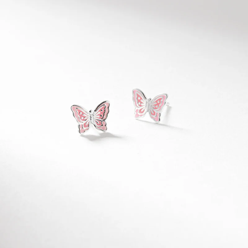 Silver pink enamel butterfly stud earrings - Image 3