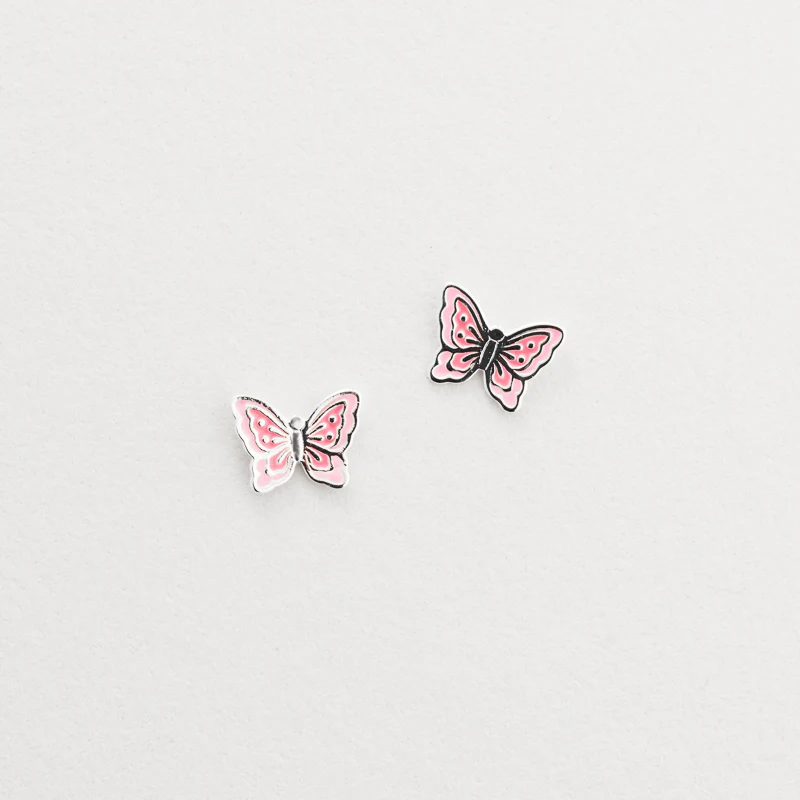 Silver pink enamel butterfly stud earrings - Image 4