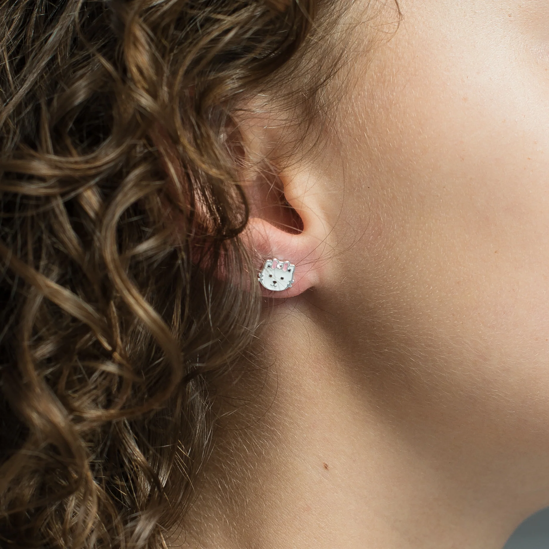 Silver white enamel cat pink enamel crystal bow stud earrings - Image 2
