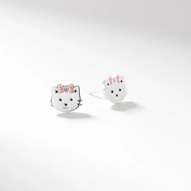 Silver white enamel cat pink enamel crystal bow stud earrings - Image 3