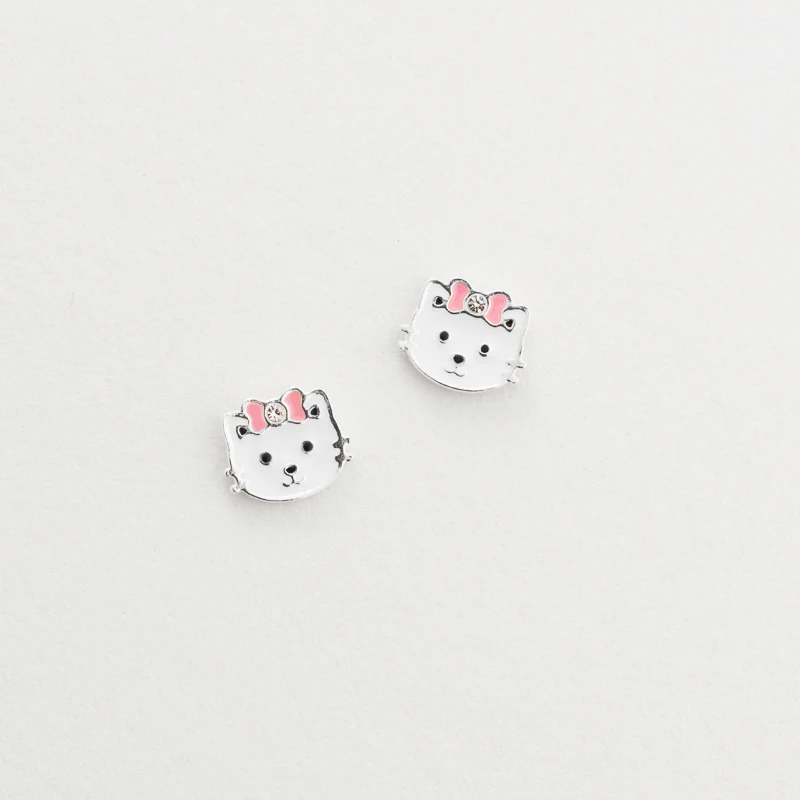 Silver white enamel cat pink enamel crystal bow stud earrings - Image 5