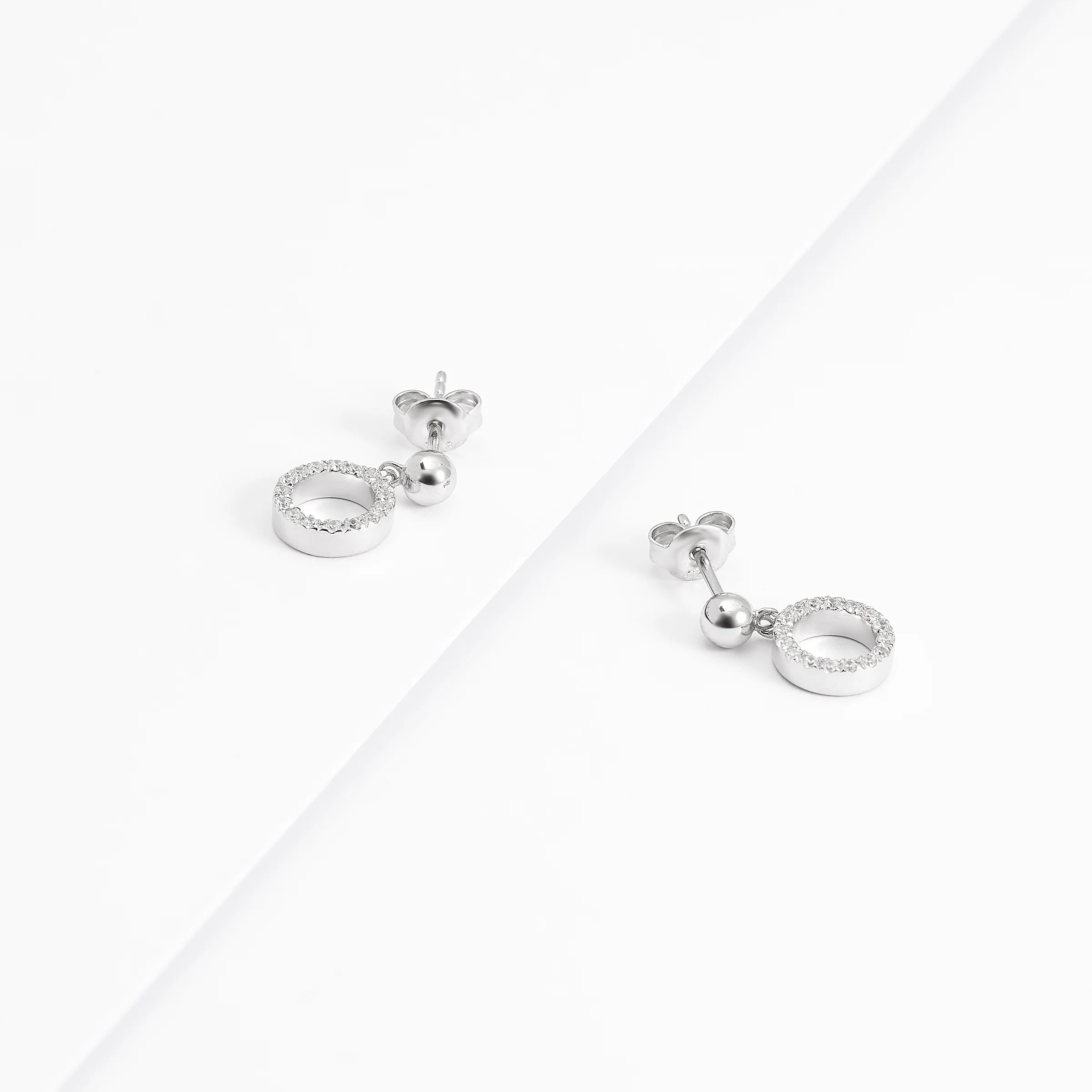 Sterling Silver 4mm Ball Stud With Zirconia Open Circle Drop Earrings - Image 2