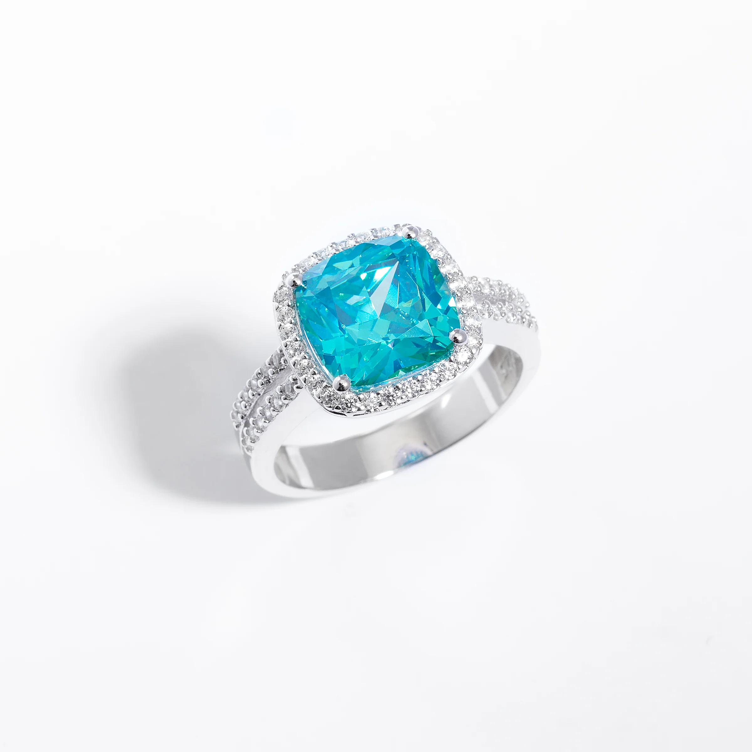 Sterling Silver Aqua Zirconia Cushion Split Shank Ring - Image 2