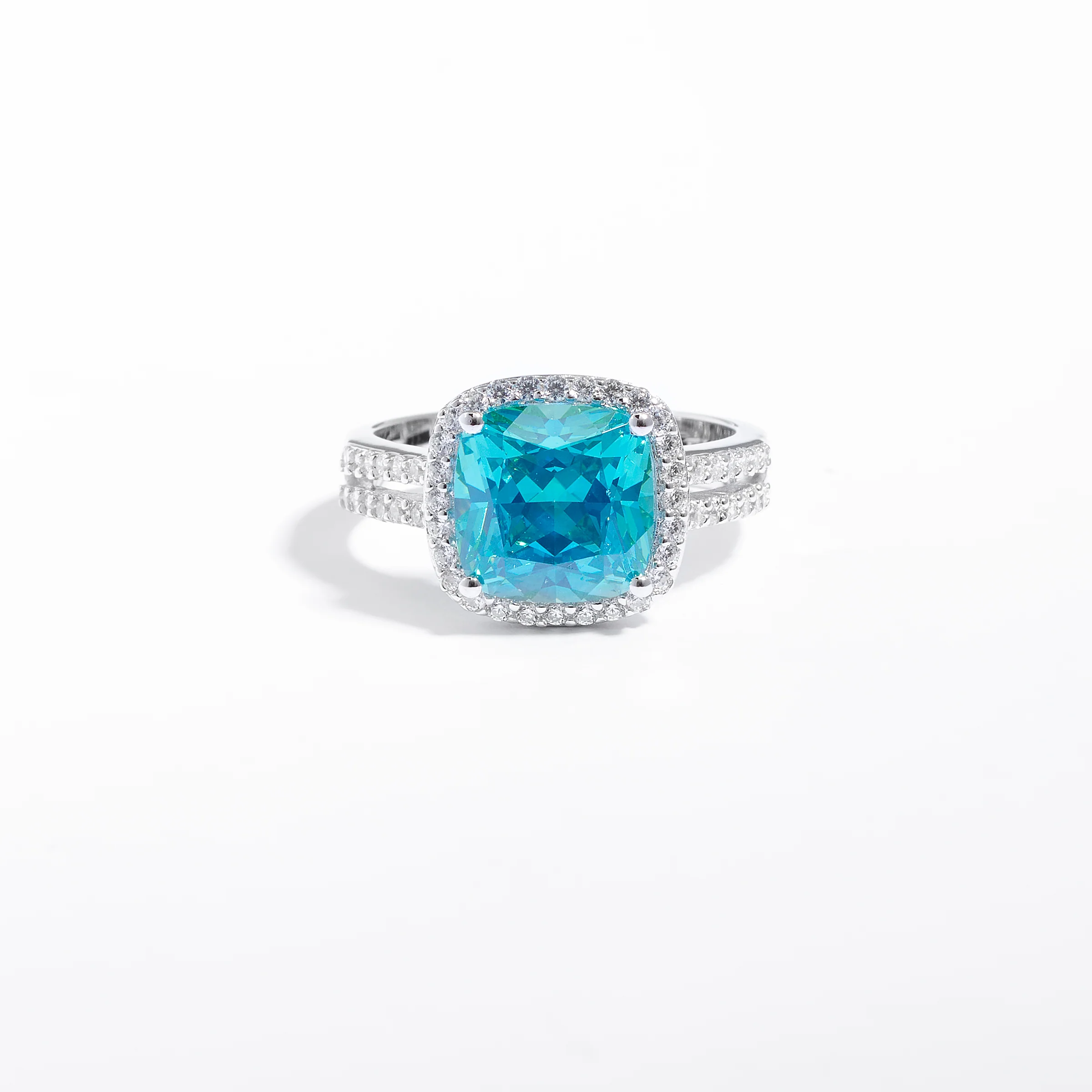 Sterling Silver Aqua Zirconia Cushion Split Shank Ring - Image 3