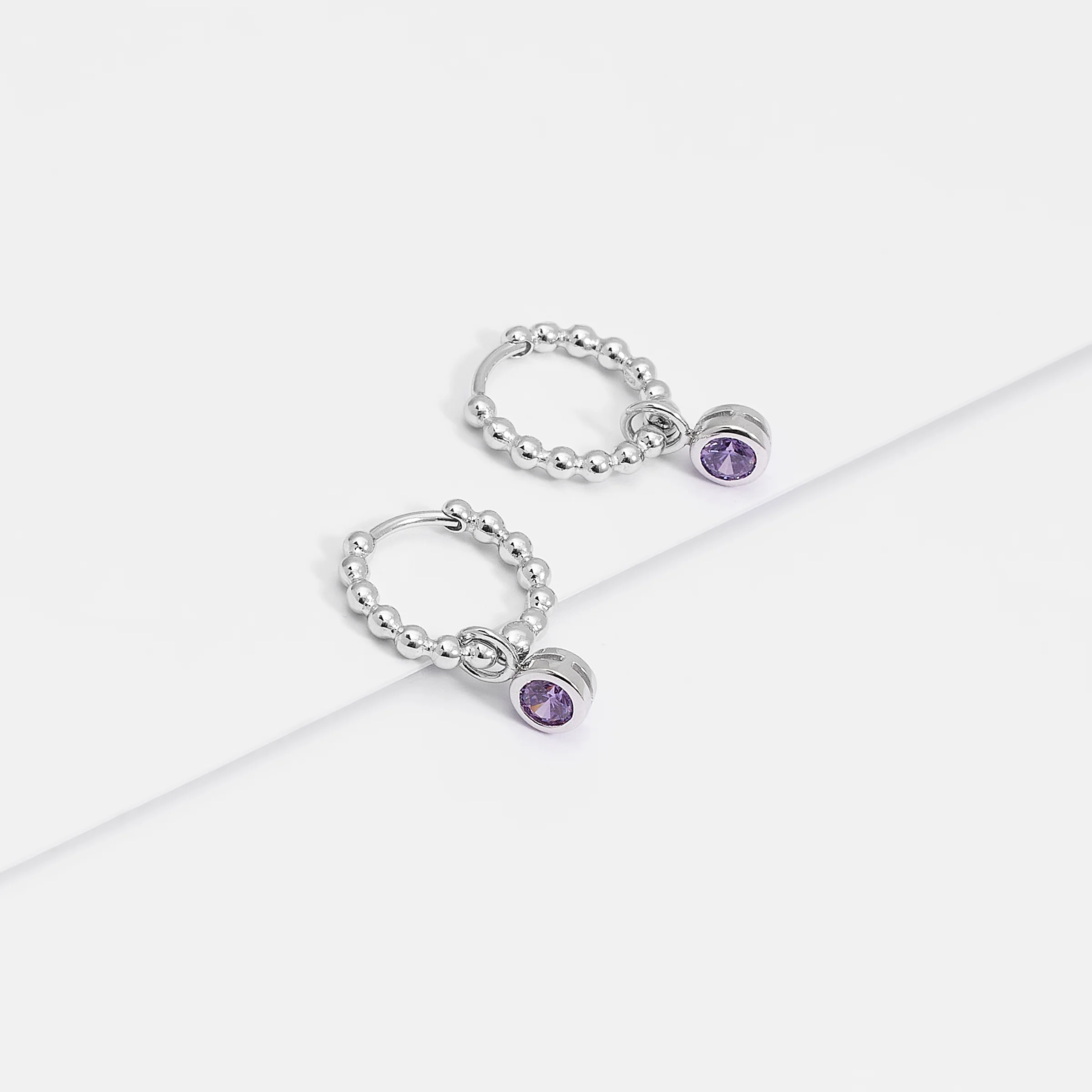 Sterling Silver Beaded Huggie Earrings With Purple Zirconia February Birthstone Drop - Image 3