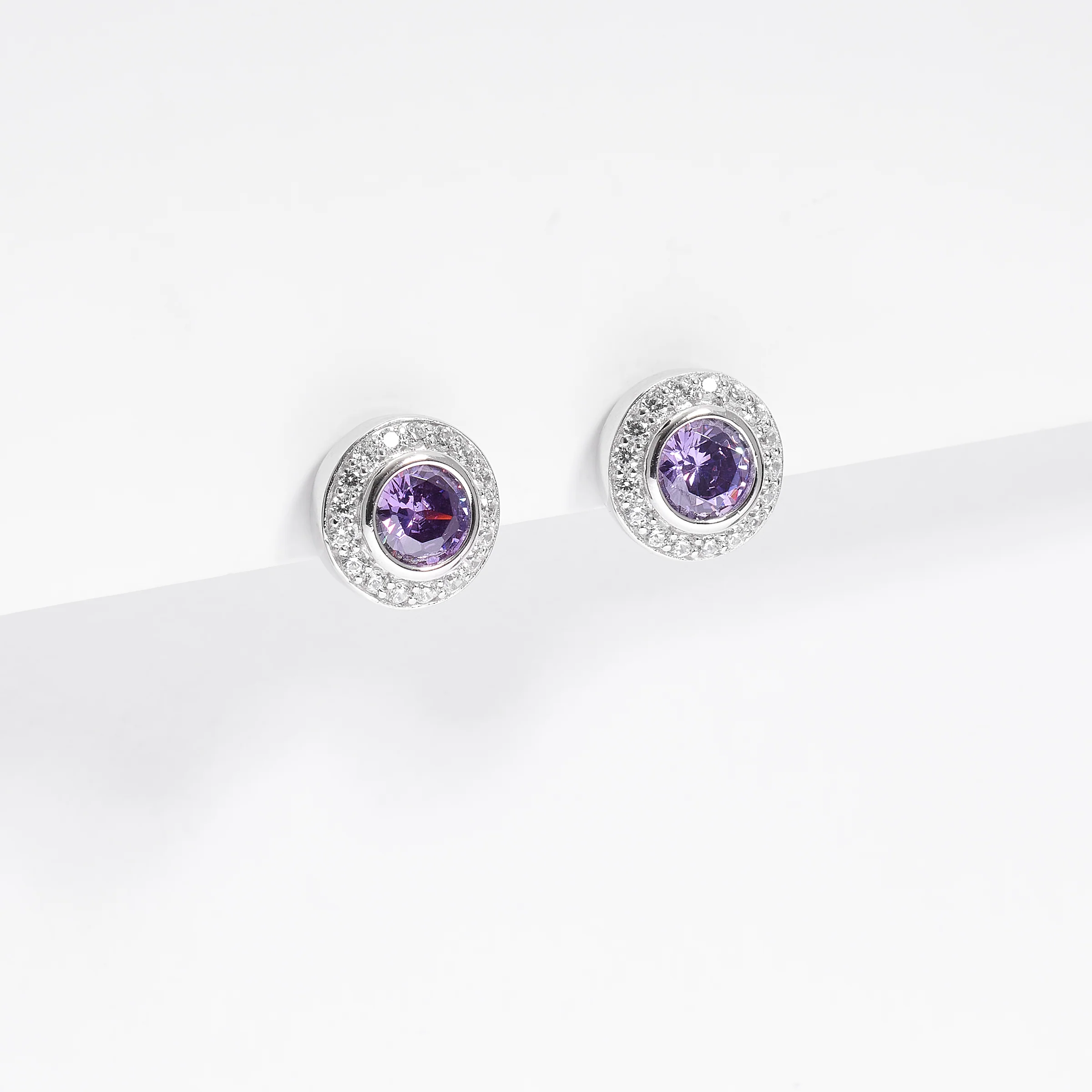 Sterling Silver Bezel Amethyst And Zirconia Halo Stud Earrings - Image 2