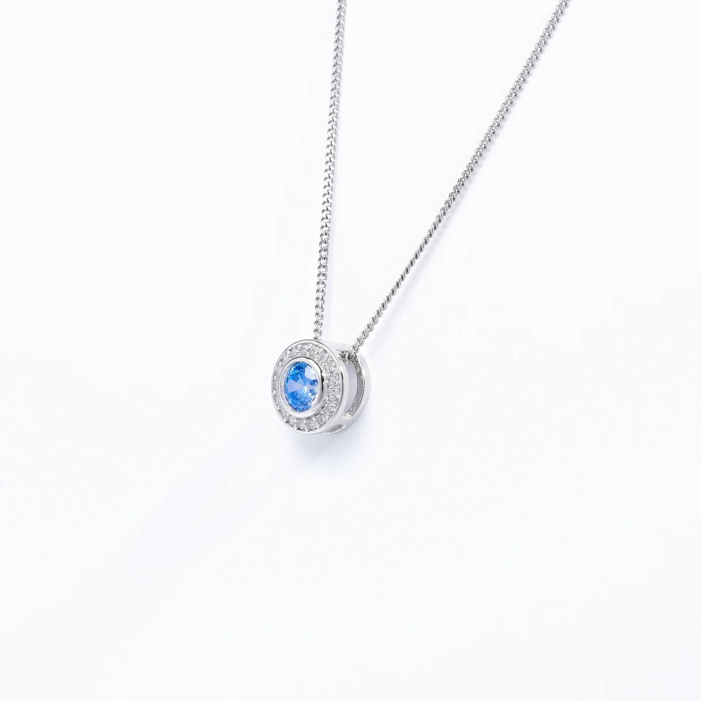 Sterling Silver Bezel Blue Zirconia Halo Slider Pendant - Image 2