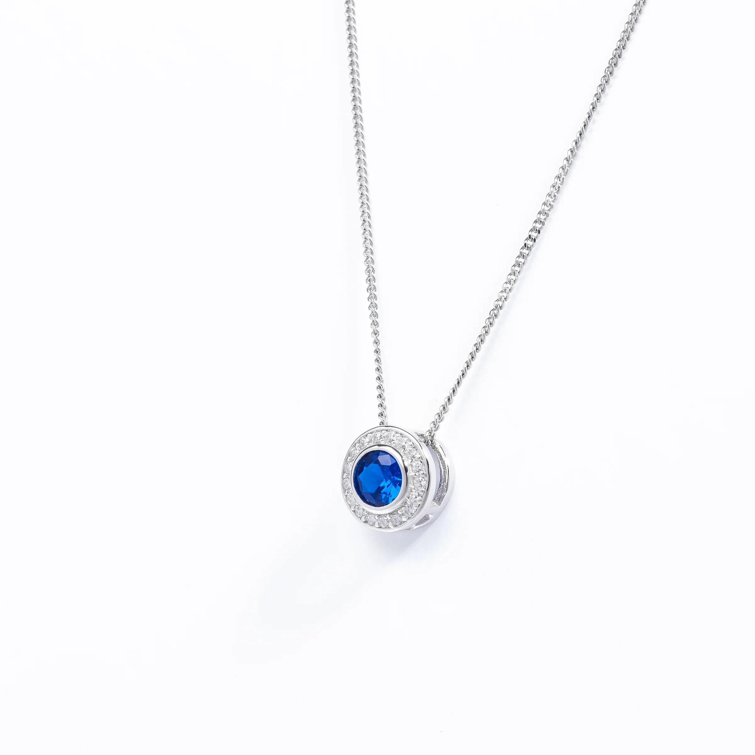 Sterling Silver Bezel Dark Blue Zirconia Halo Slider Pendant - Image 2