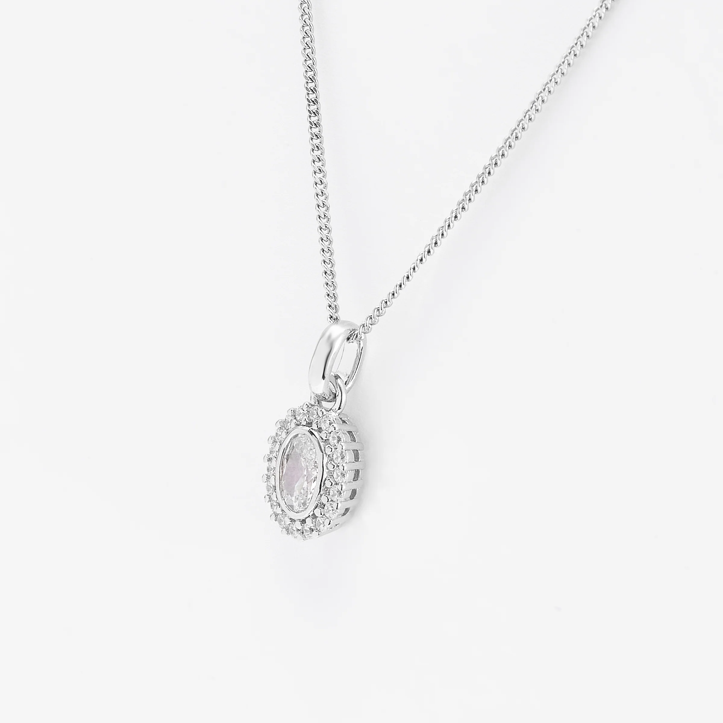 Sterling Silver Bezel Oval Zirconia Halo Pendant - Image 2