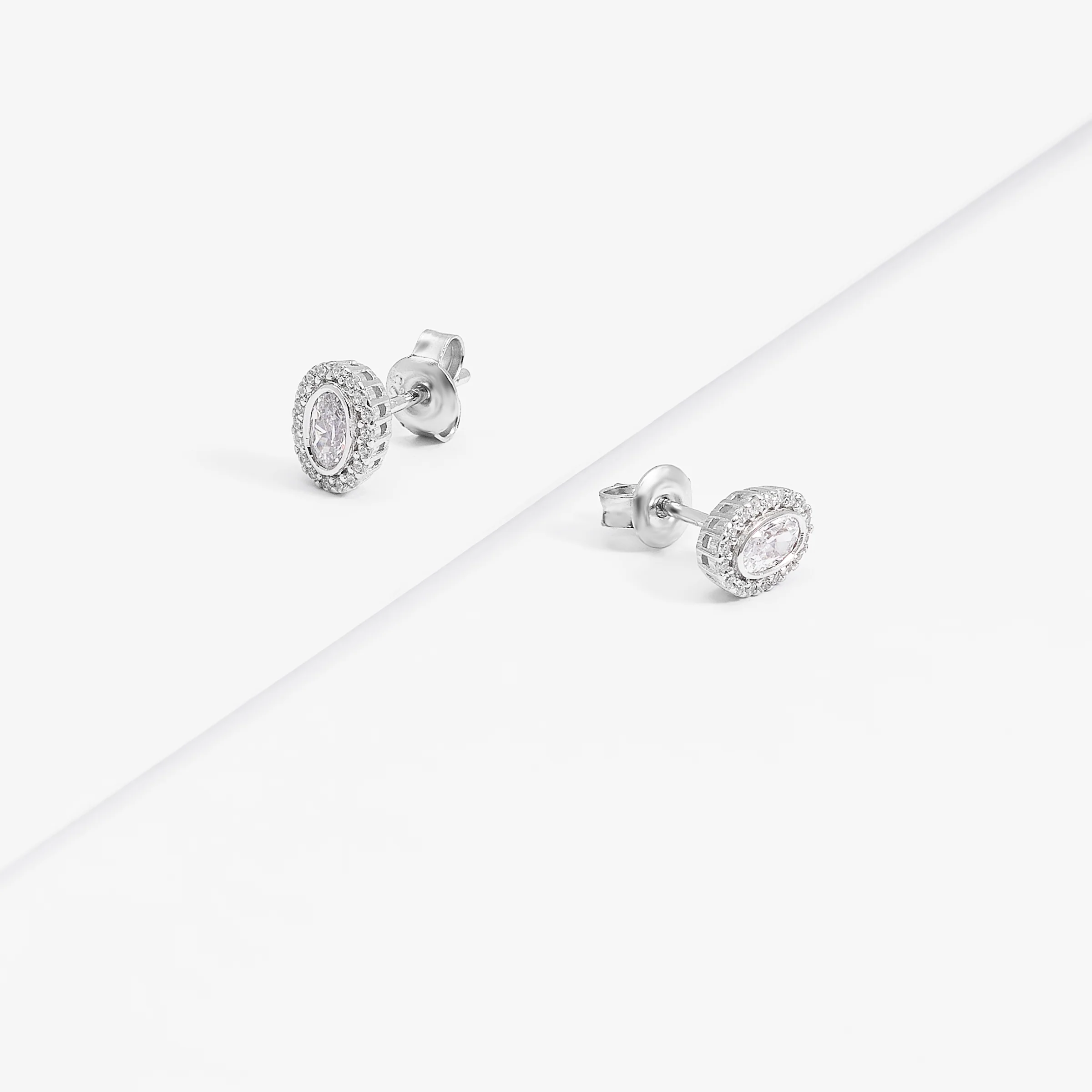 Sterling Silver Bezel Oval Zirconia Halo Stud Earrings - Image 2