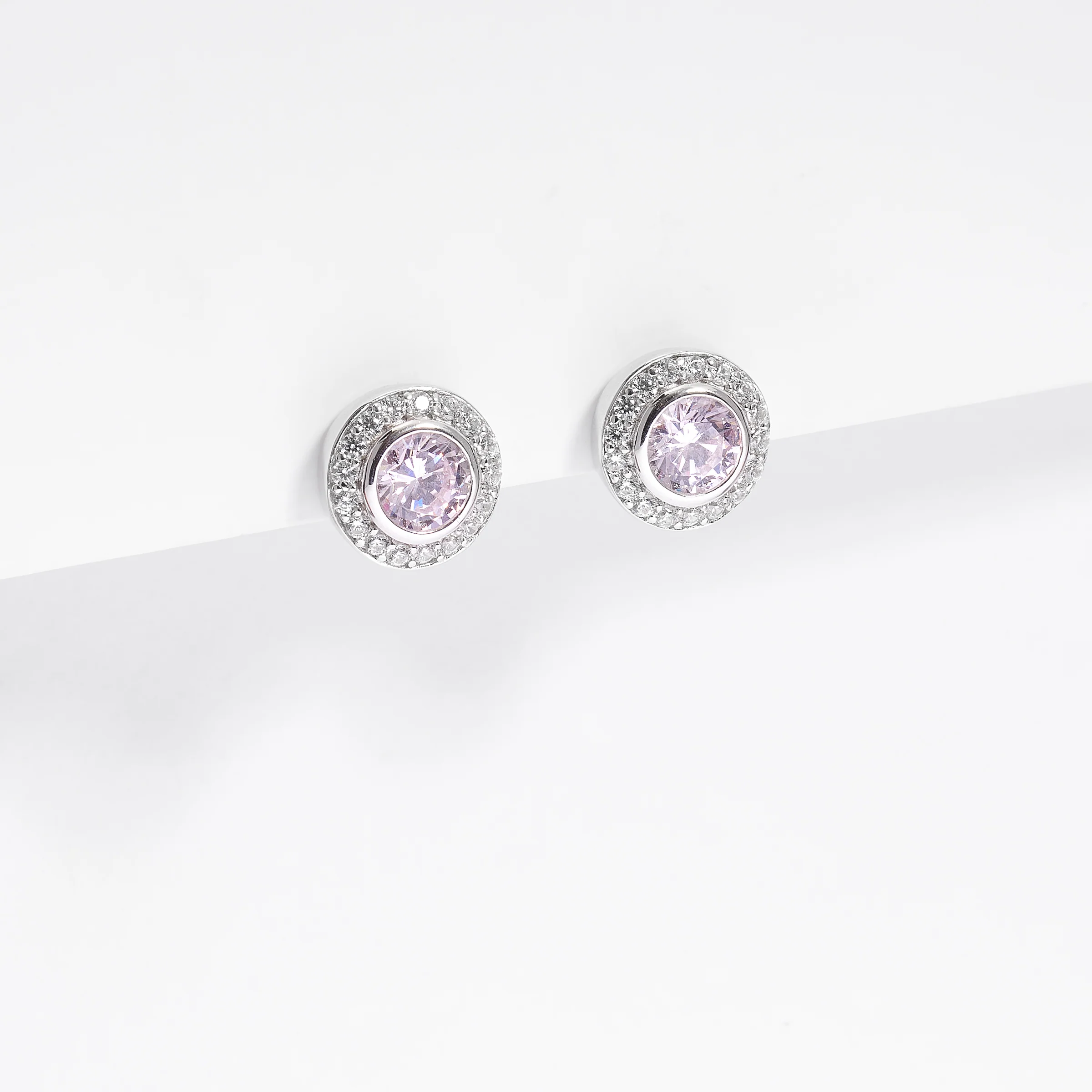 Sterling Silver Bezel Pink Zirconia And Halo Stud Earrings - Image 2