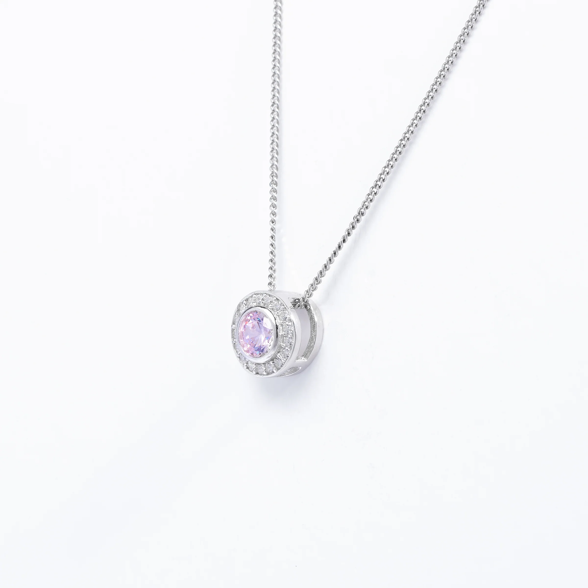 Sterling Silver Bezel Pink Zirconia Halo Slider Pendant - Image 2