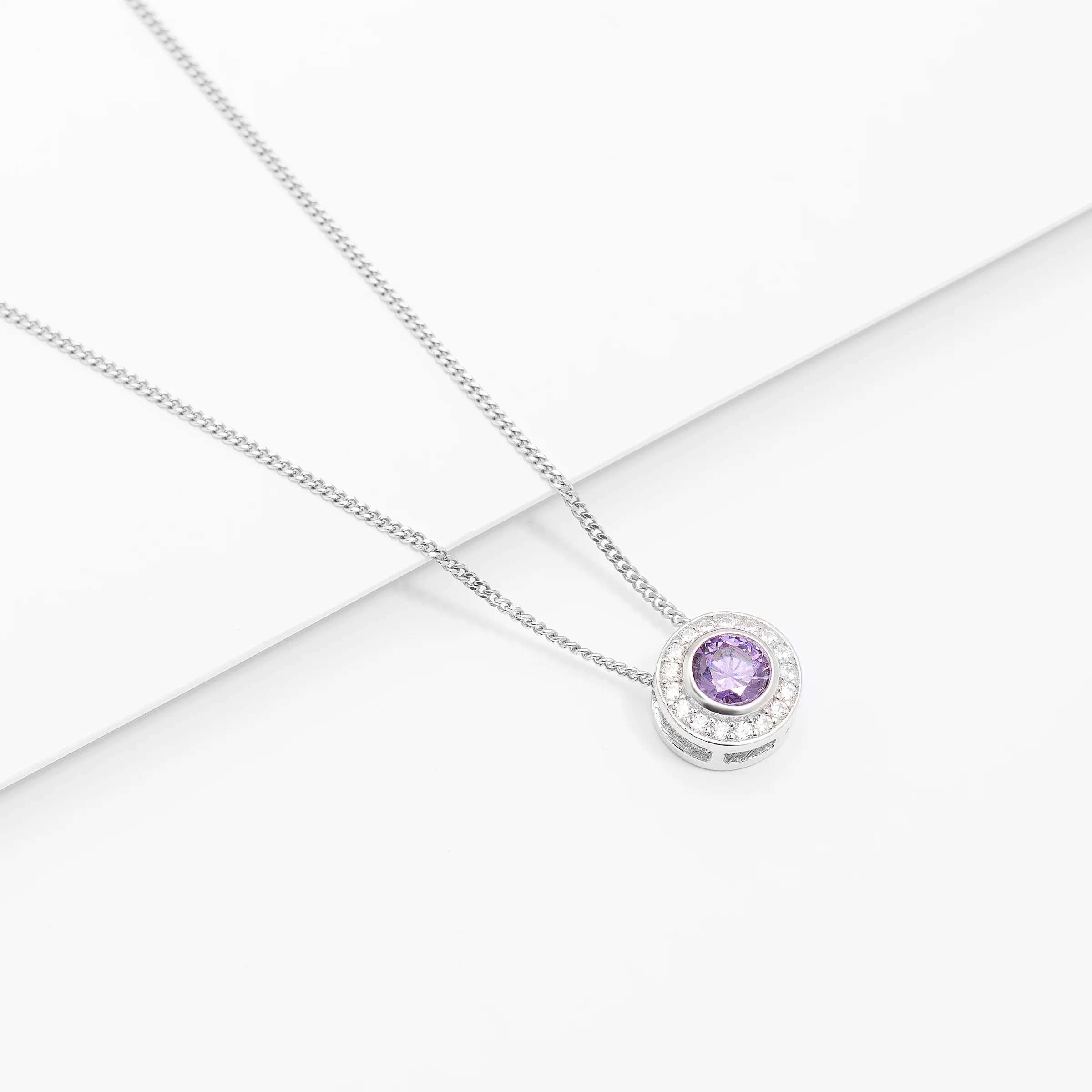 Sterling Silver Bezel Purple Zirconia Halo Slider Pendant - Image 2