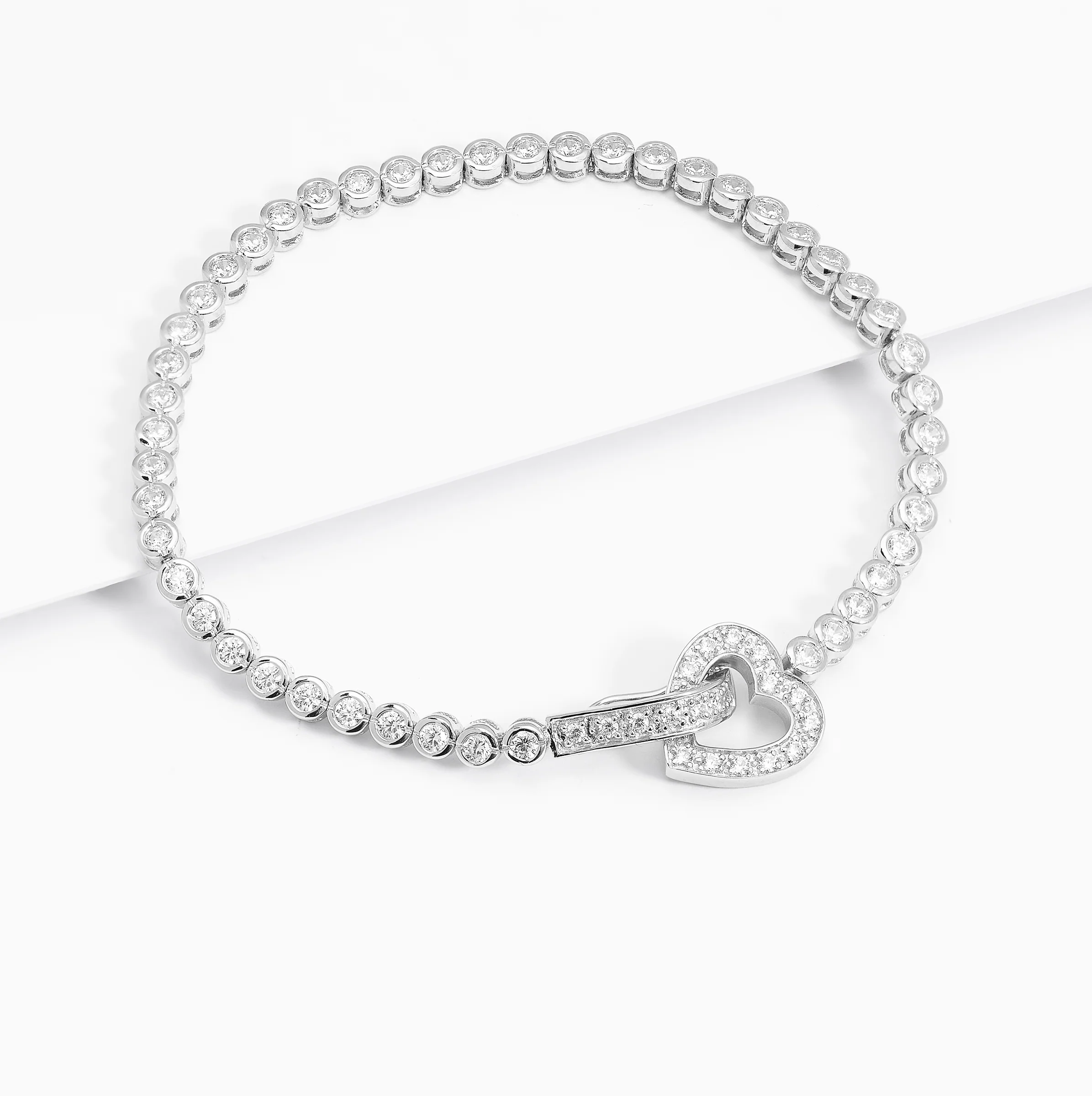 Sterling Silver Bezel Set Zirconia Tennis Bracelet With Heart Clasp 18cm - Image 2