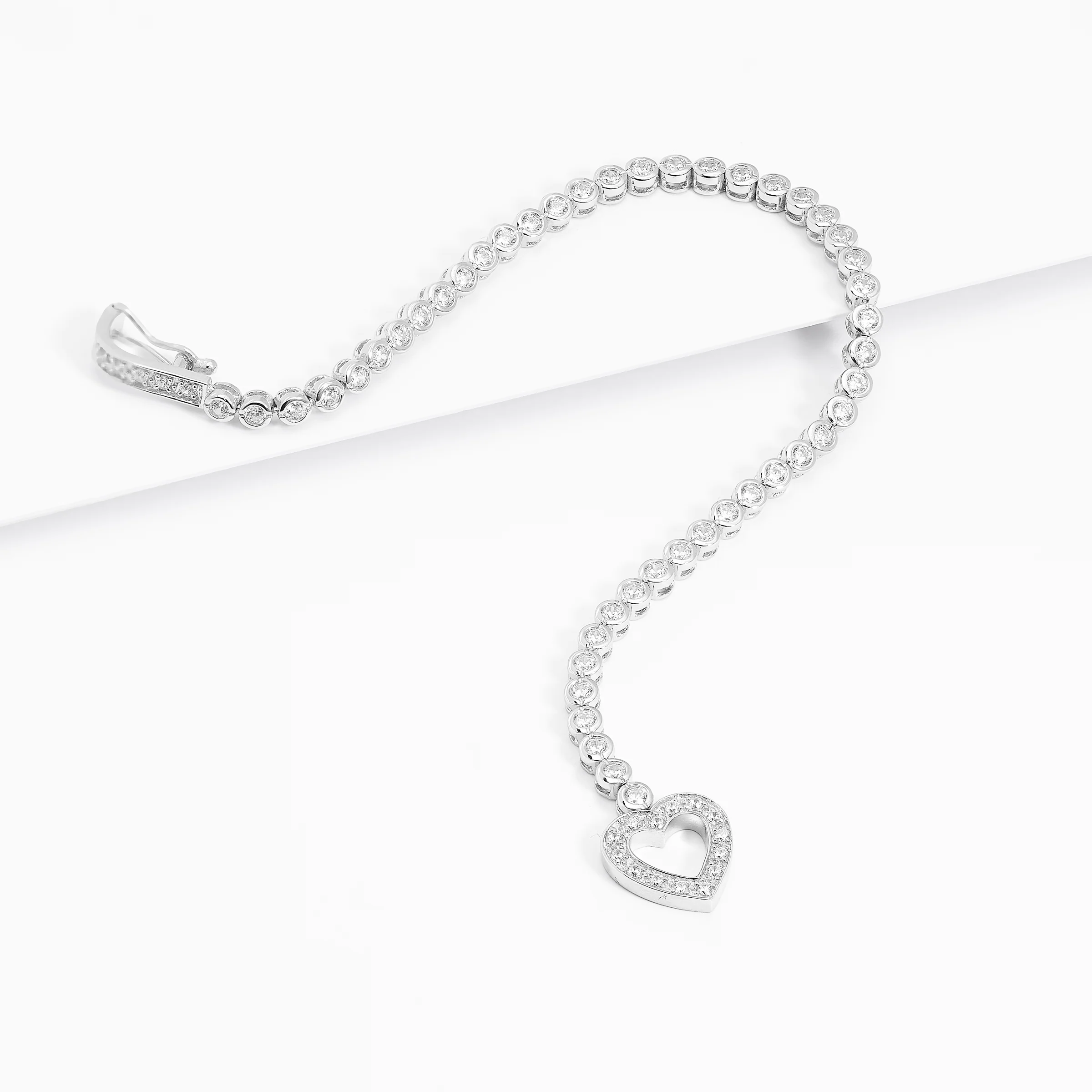 Sterling Silver Bezel Set Zirconia Tennis Bracelet With Heart Clasp 18cm - Image 3