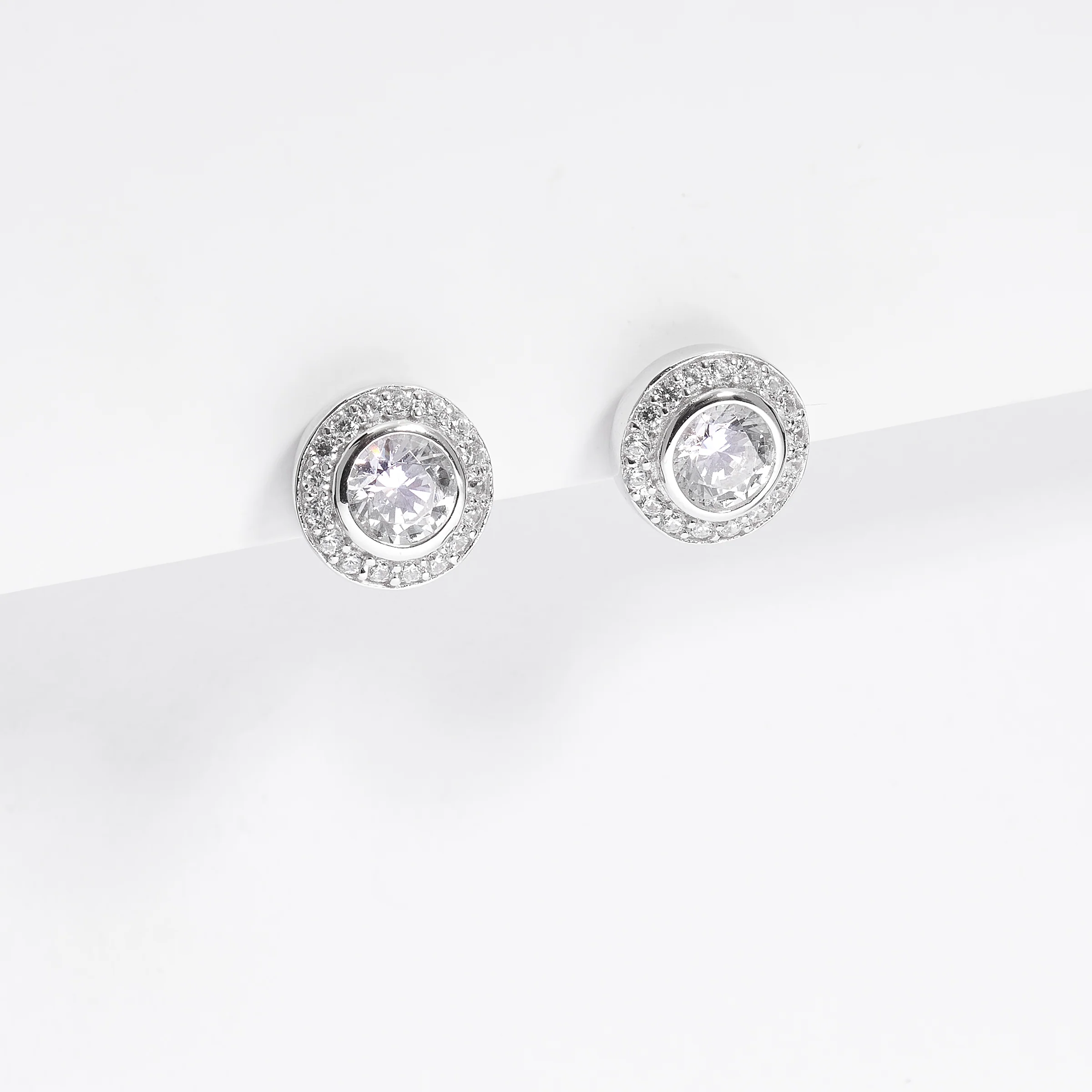 Sterling Silver Bezel Zirconia And Halo Stud Earrings - Image 2