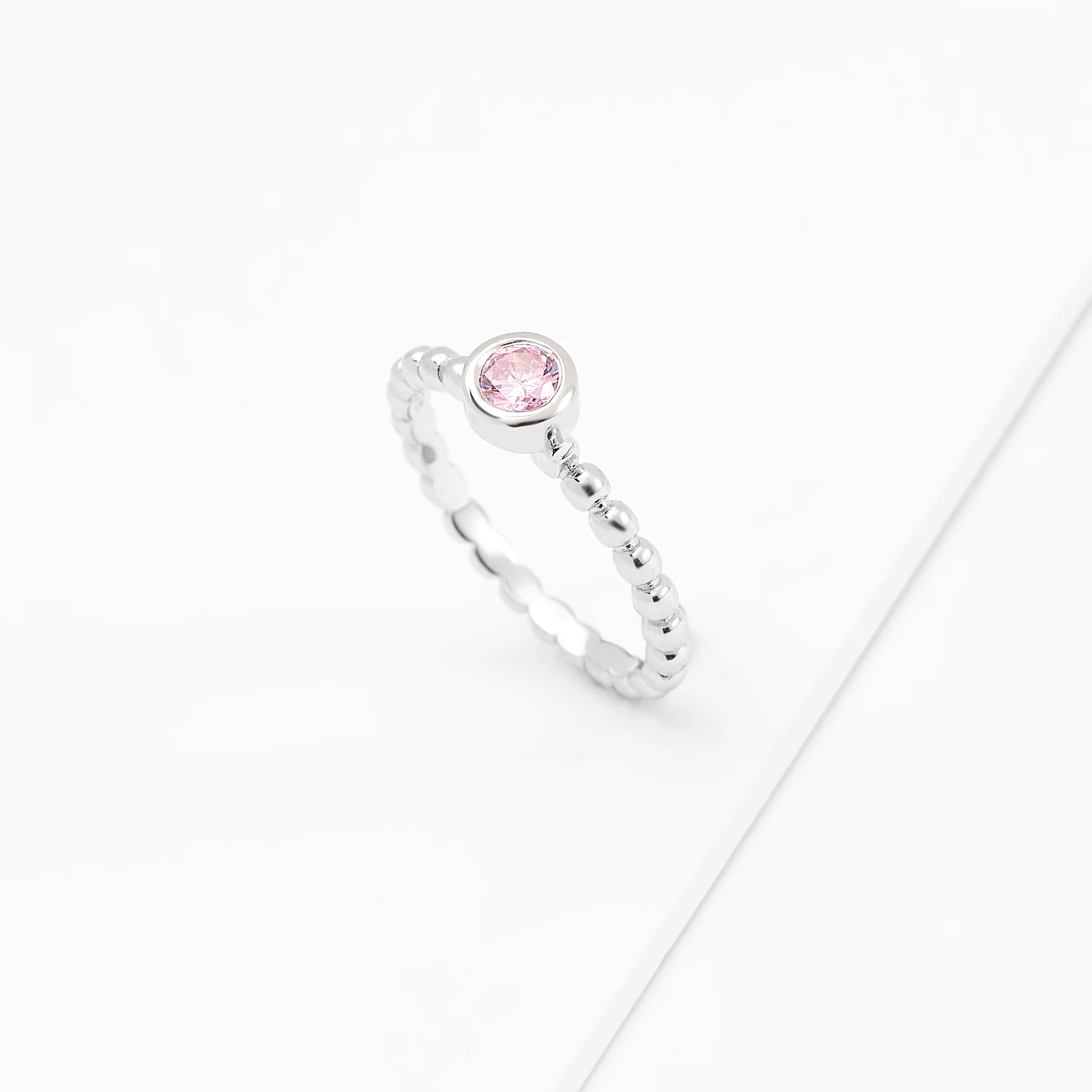 Sterling Silver Bezel Zirconia October Birthstone Beaded Ring - Image 2