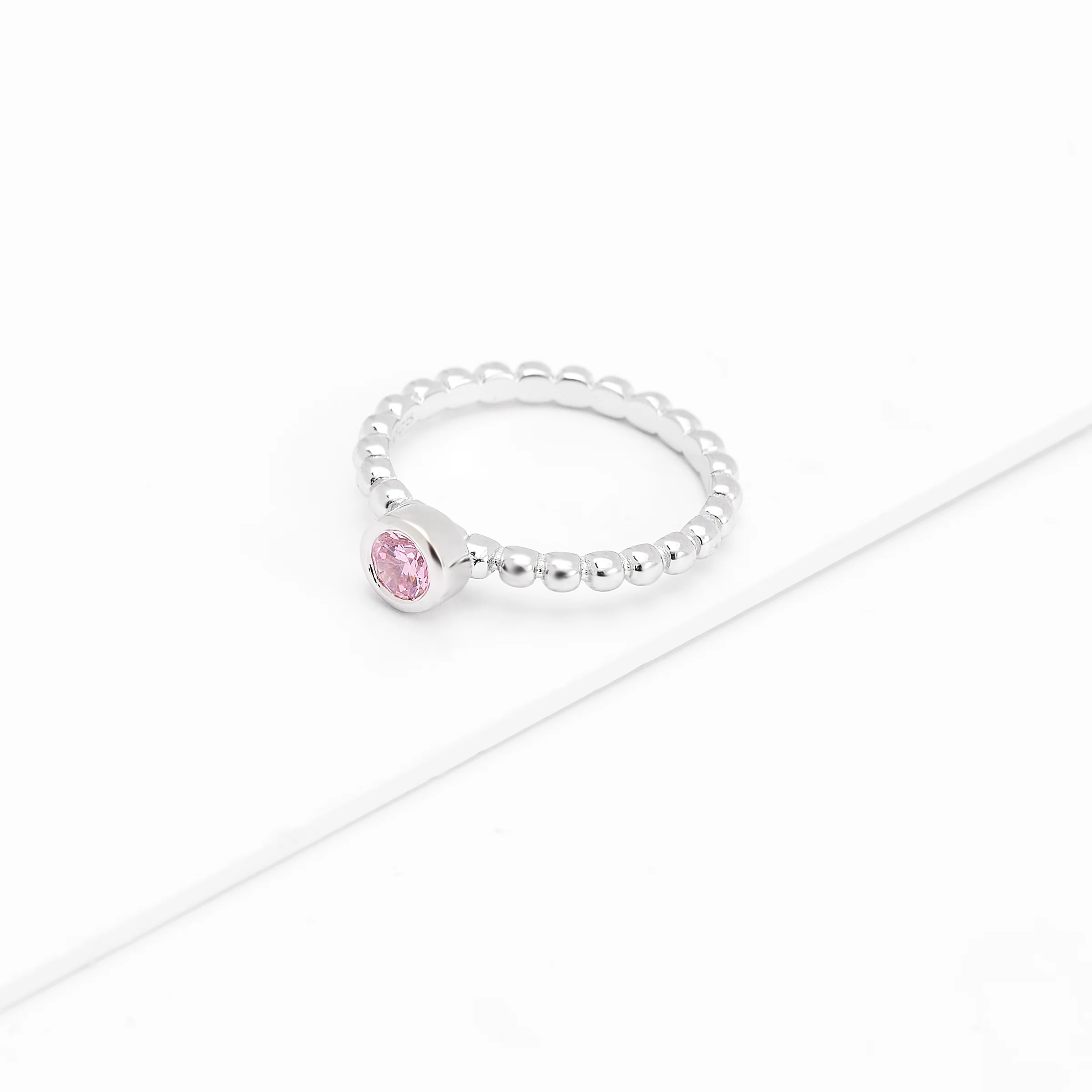 Sterling Silver Bezel Zirconia October Birthstone Beaded Ring - Image 3