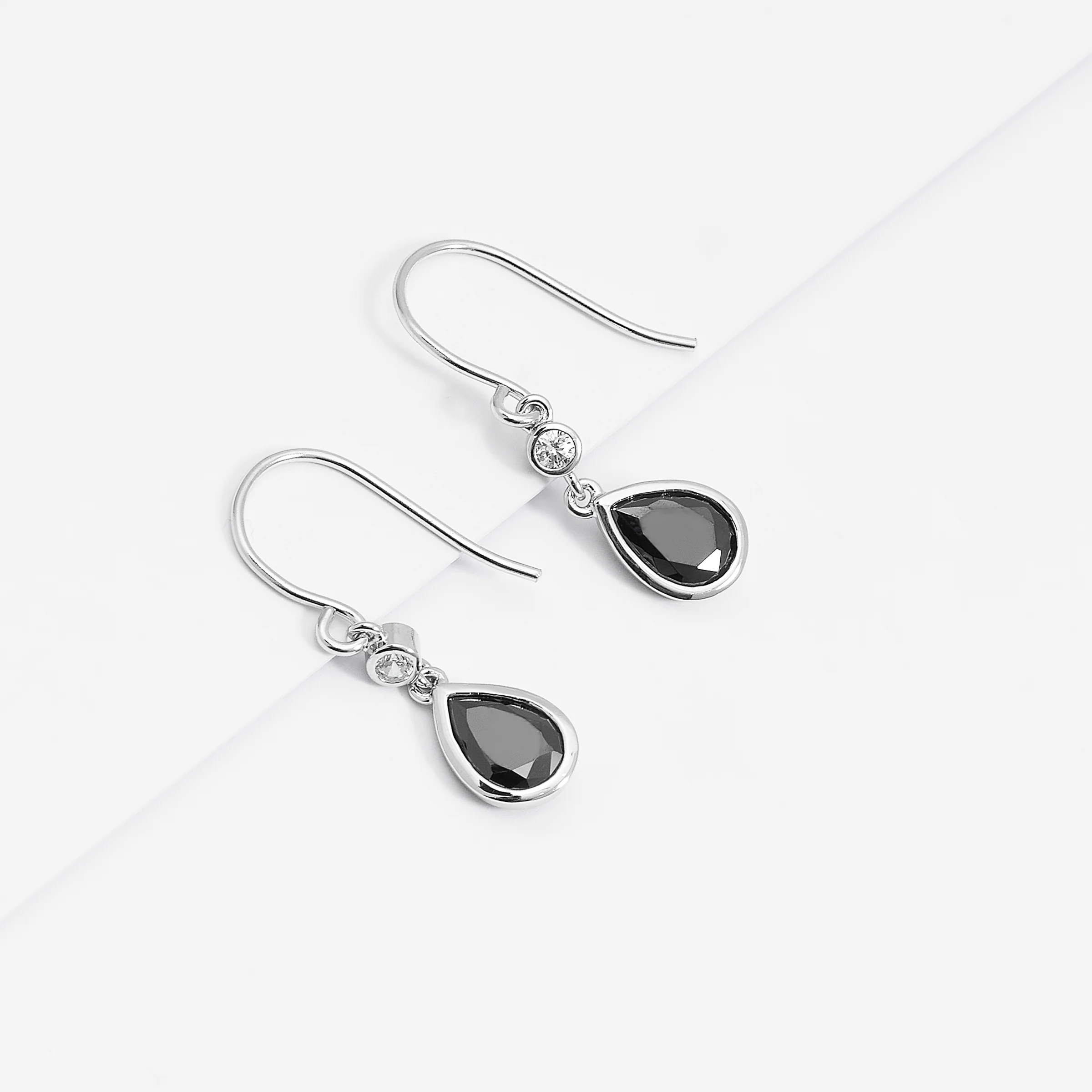Sterling Silver Black Pear And Round Zirconia Bezel Shepherd Hook Earrings - Image 3