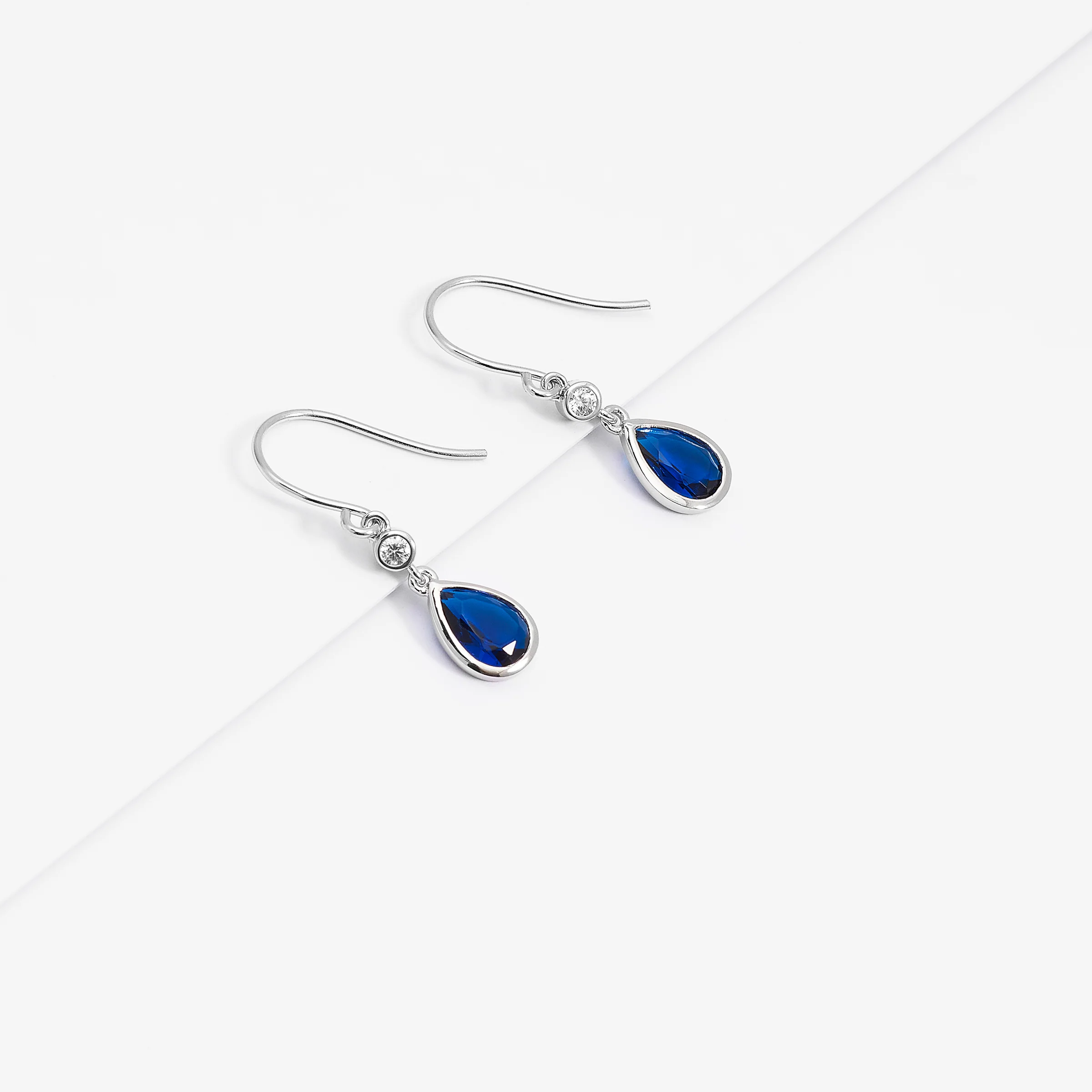 Sterling Silver Blue Pear And Round Zirconia Bezel Shepherd Hook Earrings - Image 3
