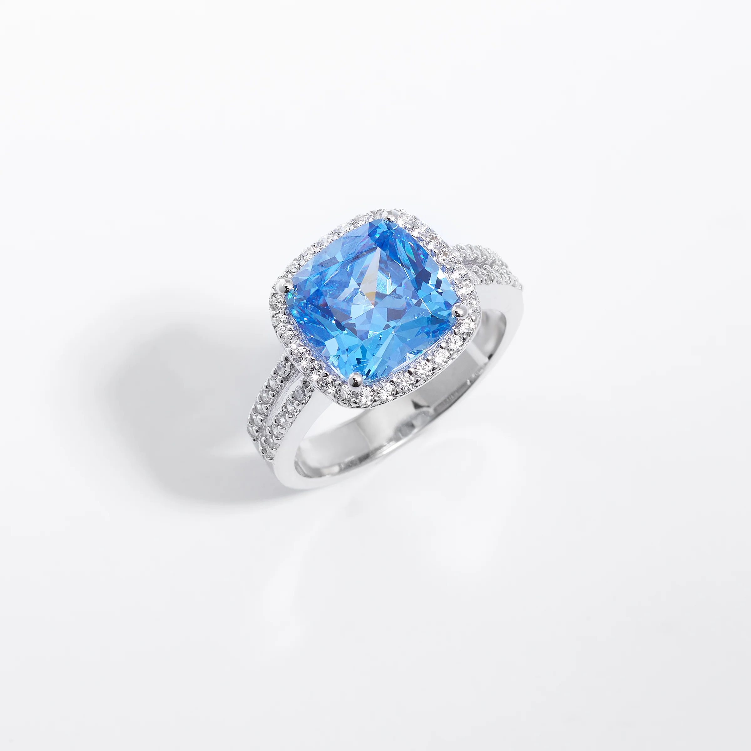 Sterling Silver Blue Zirconia Cushion Split Shank Ring - Image 2