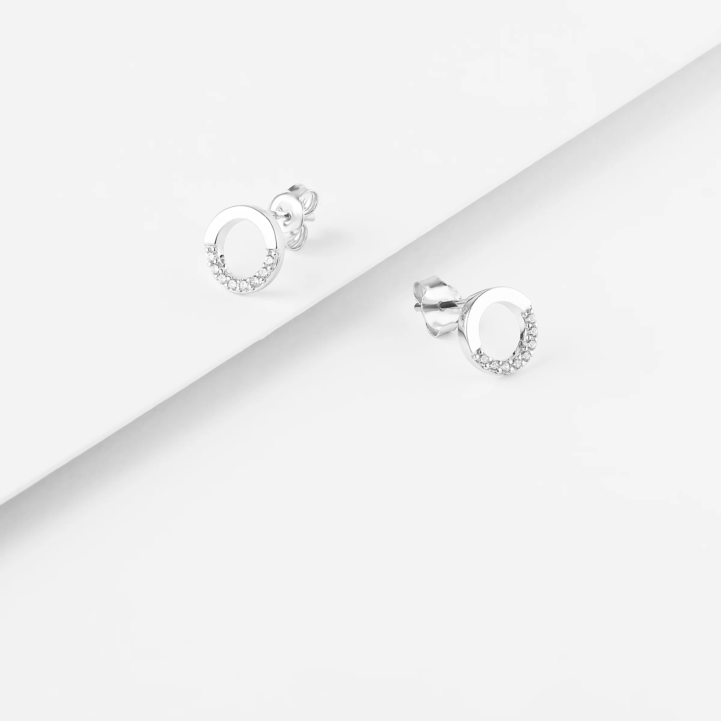 Sterling Silver Circle Half Zirconia Stud Earrings - Image 2