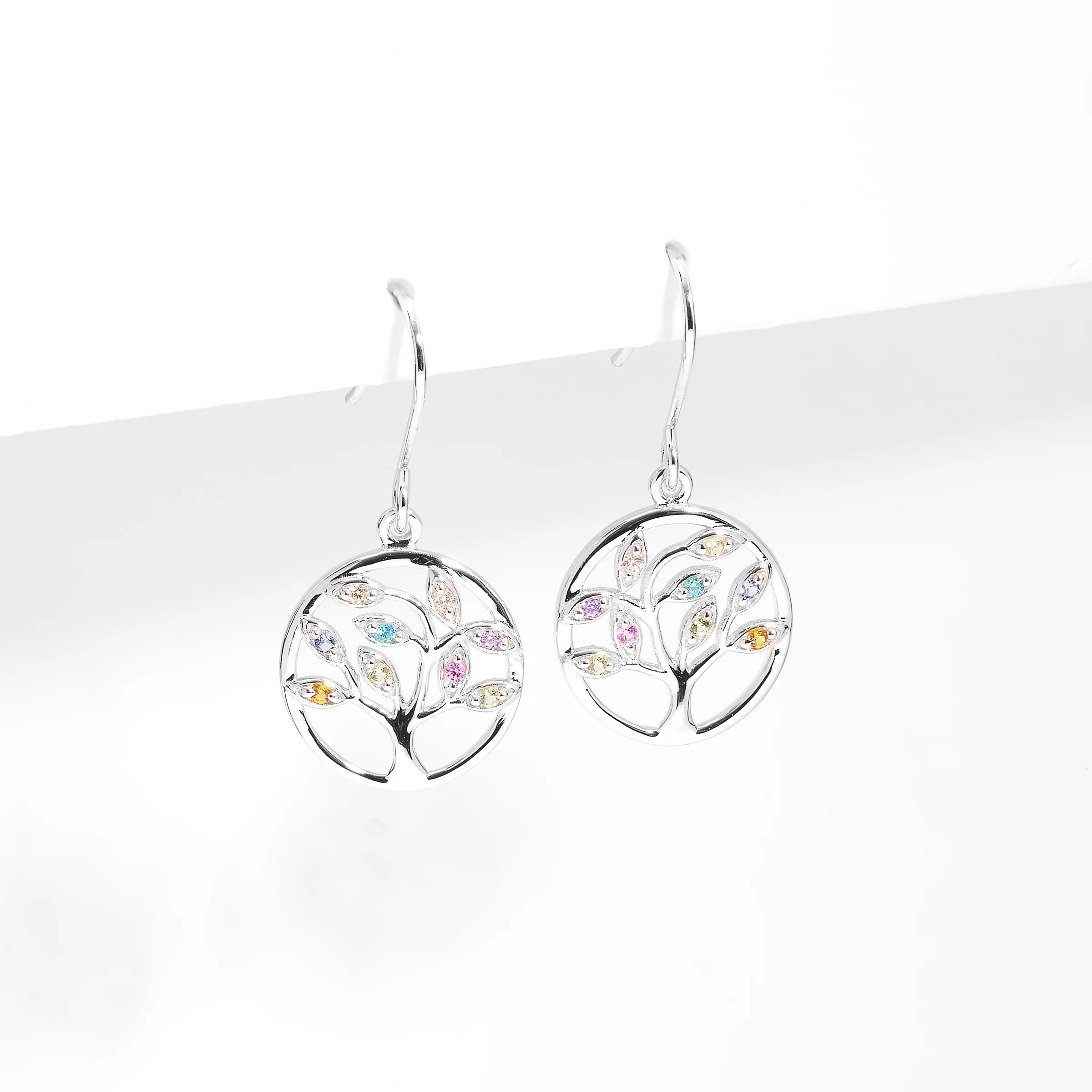 Sterling Silver Coloured Zirconia Tree of Life Drop Earrings - Image 2