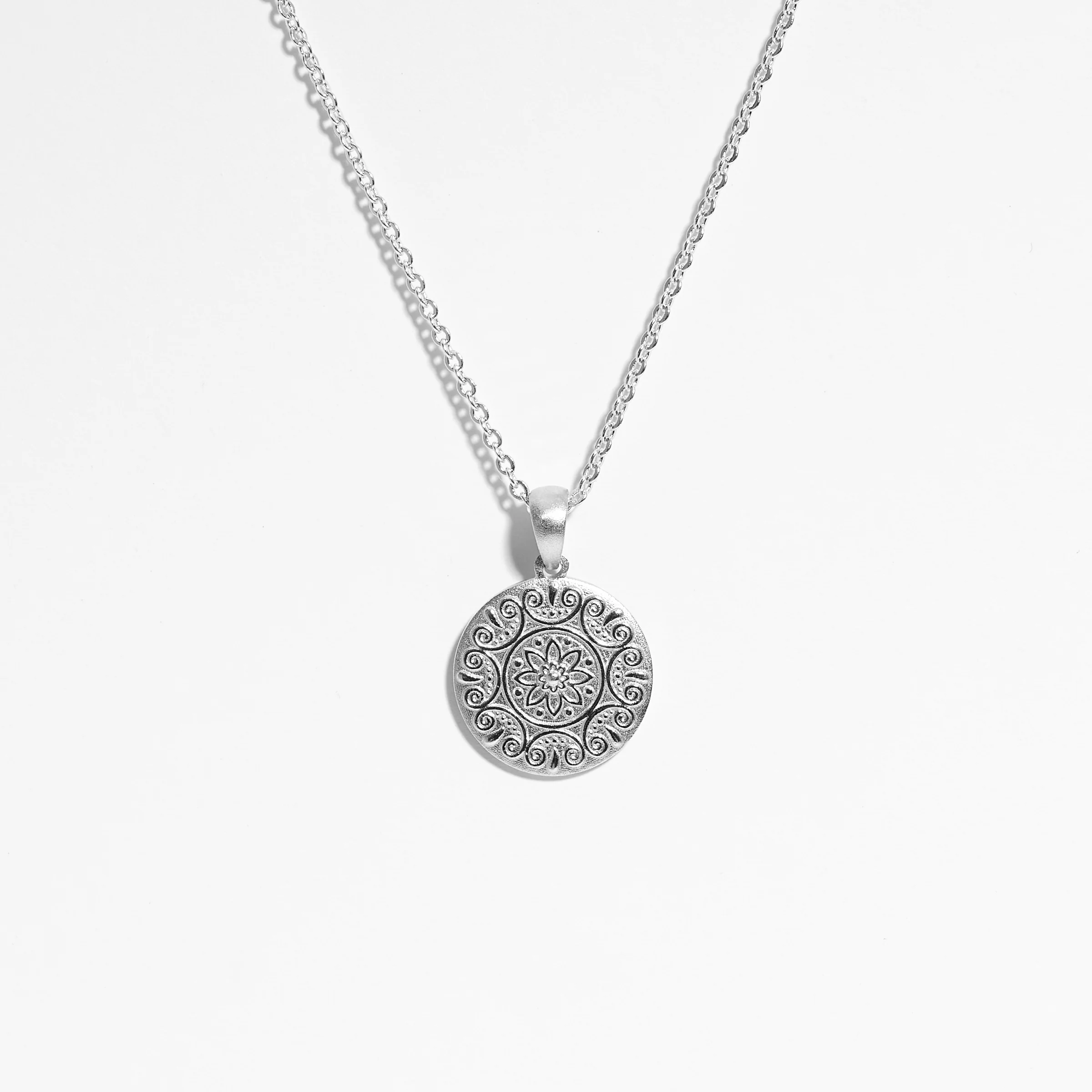 Sterling Silver Fancy Mandala Embossed Round Disc Pendant 15mm - Image 2