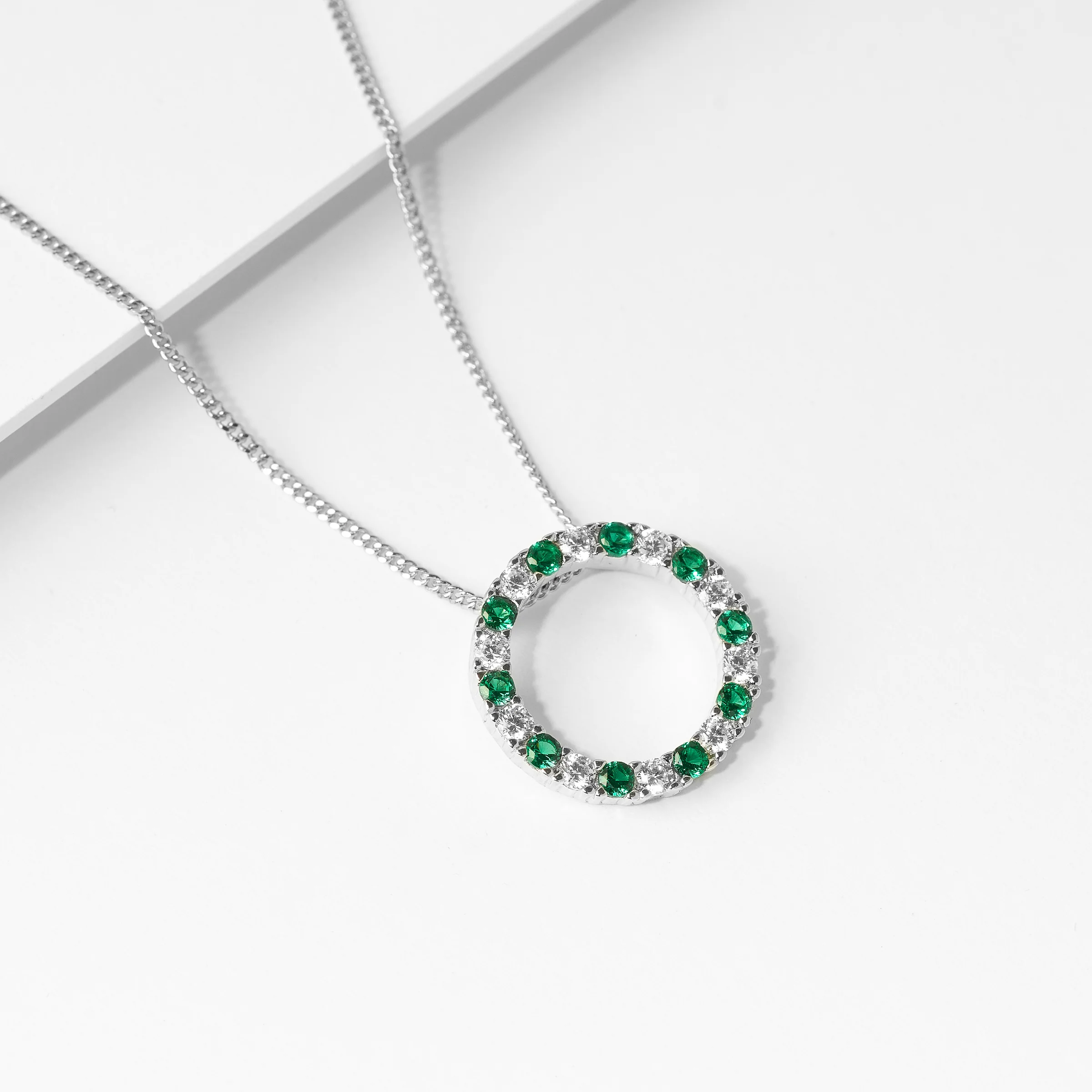 Sterling Silver Green And White Zirconia Circle Pendant - Image 2