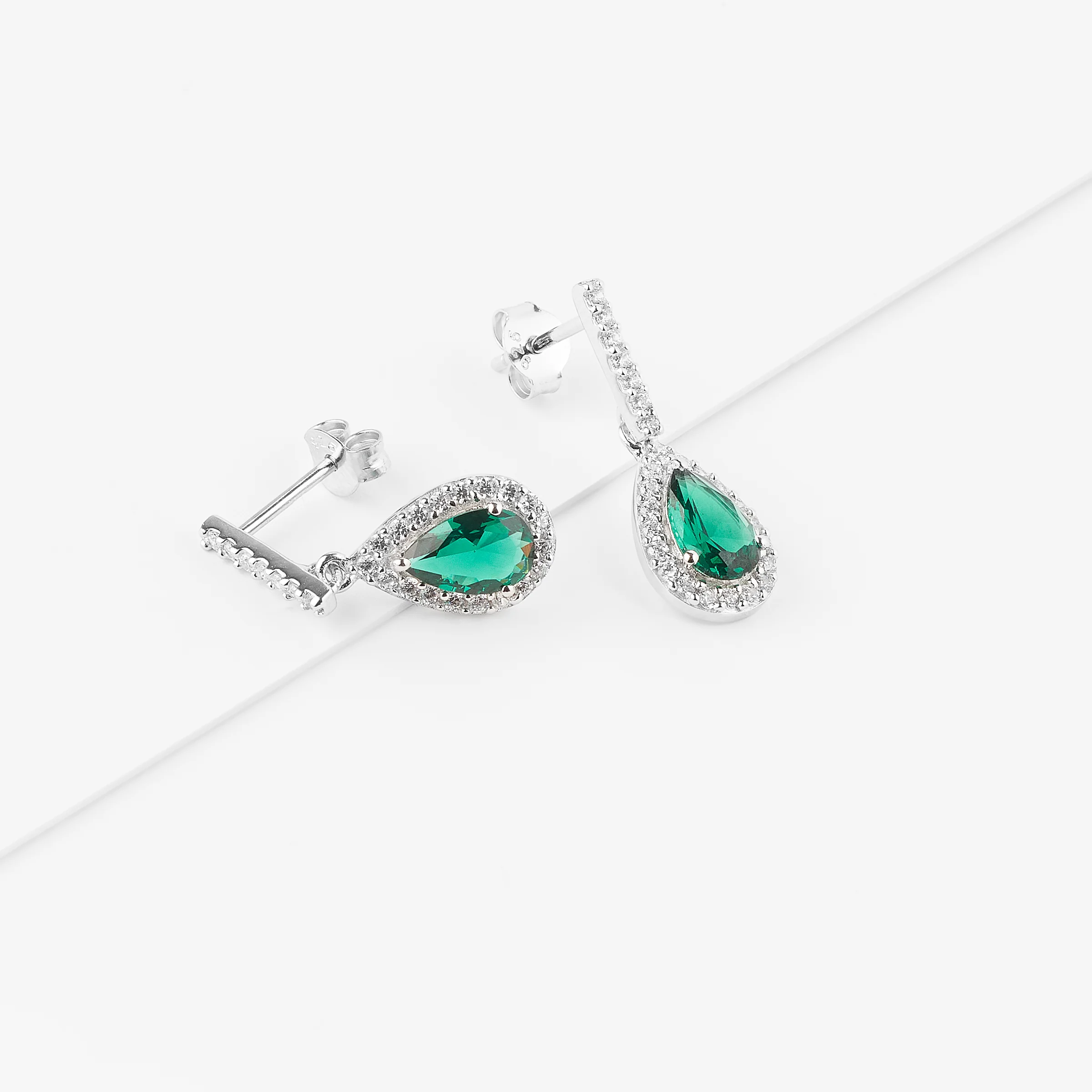 Sterling Silver Green Pear Zirconia Halo Earrings - Image 2