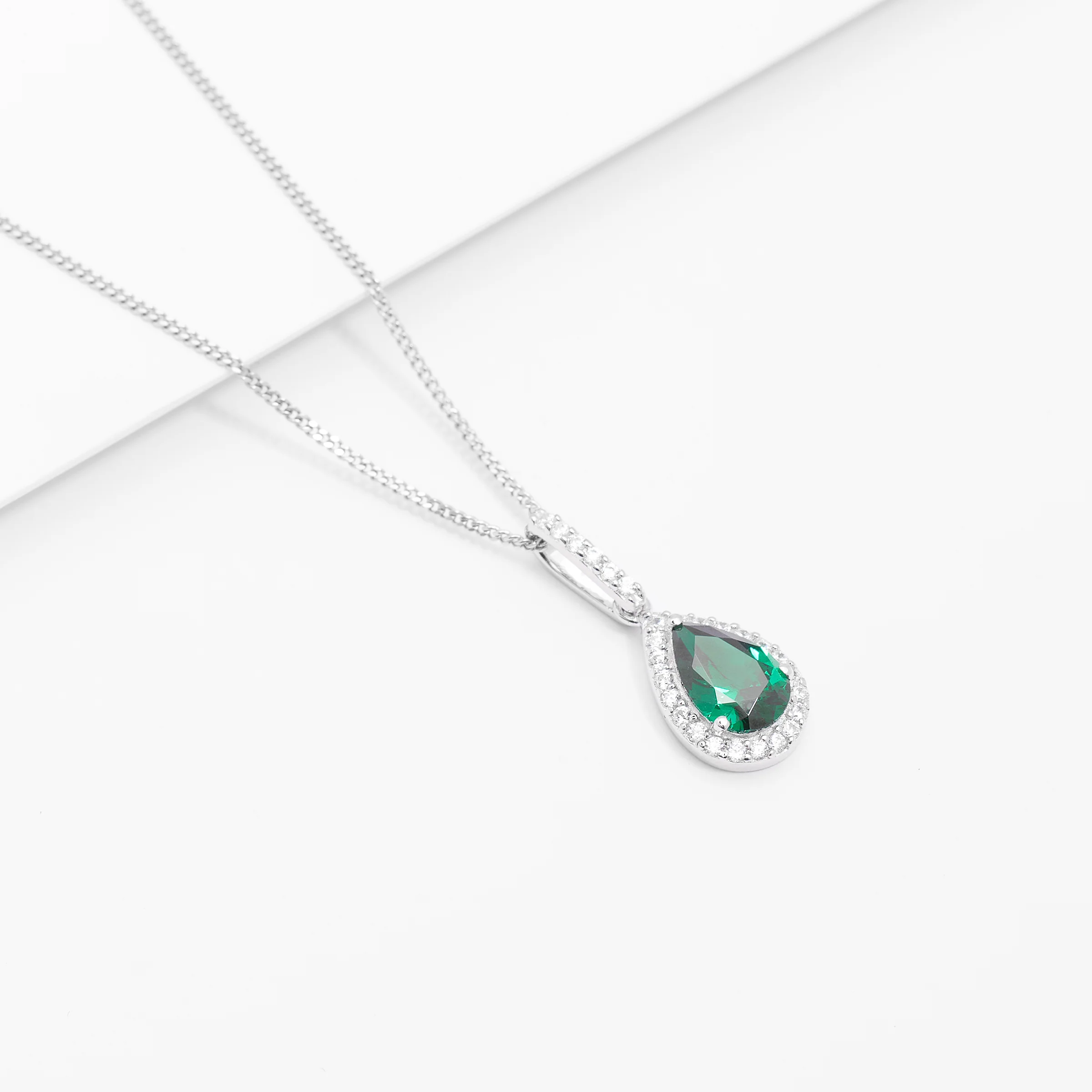 Sterling Silver Green Pear Zirconia Halo Pendant - Image 2