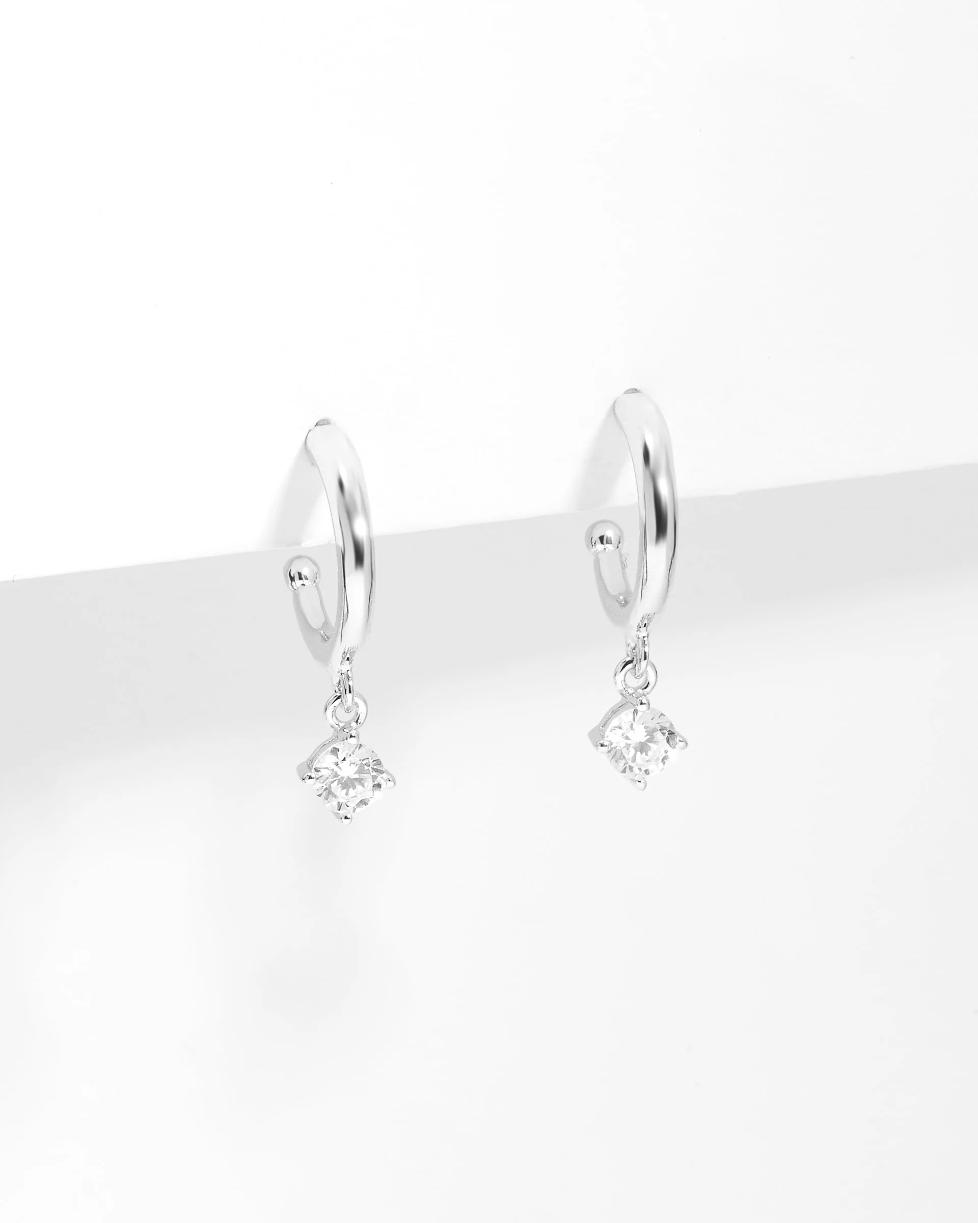 Sterling Silver Half Hoop Earrings With Zirconia Drop - Image 2