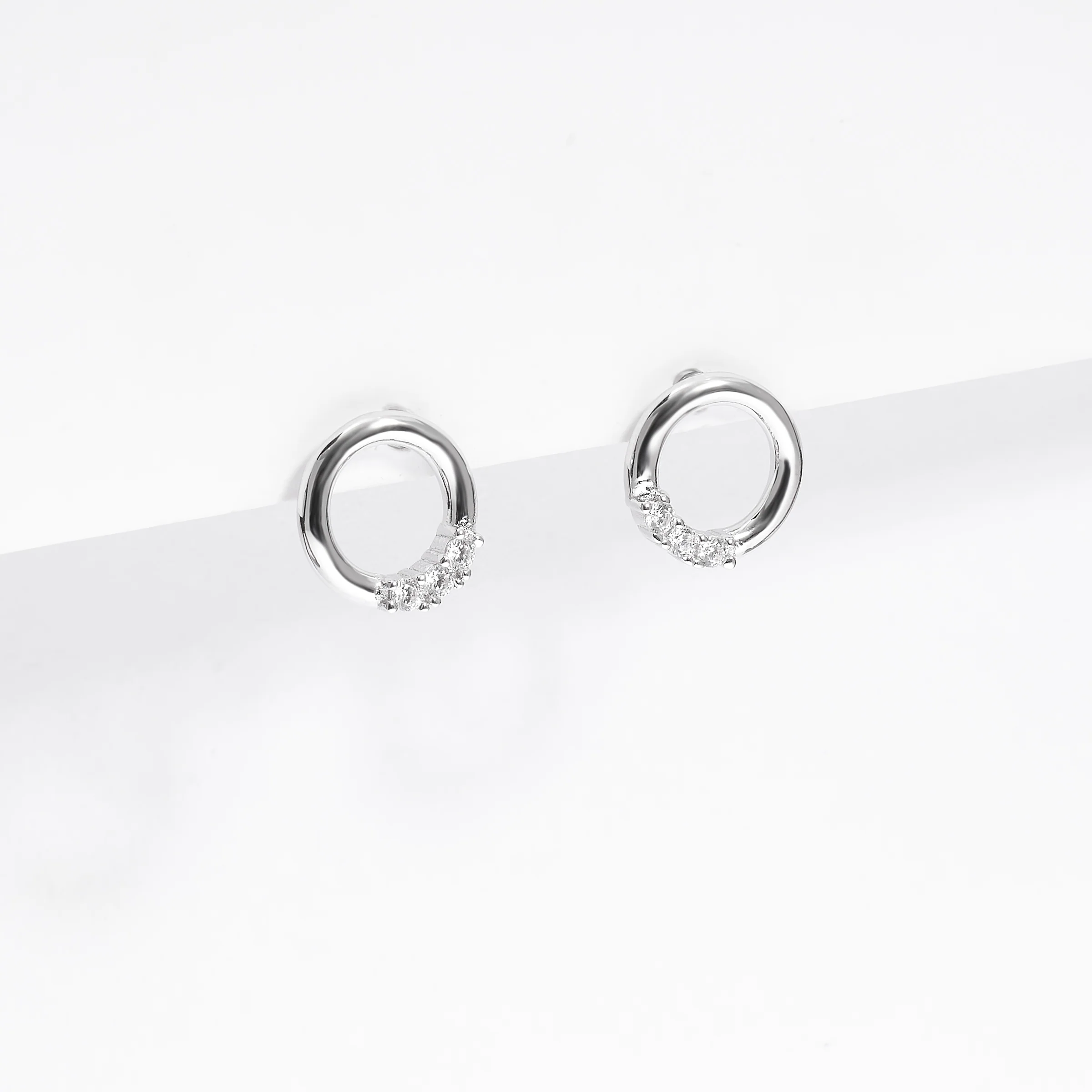 Sterling Silver Open Circle Stud Earrings With 3 Zirconias - Image 2