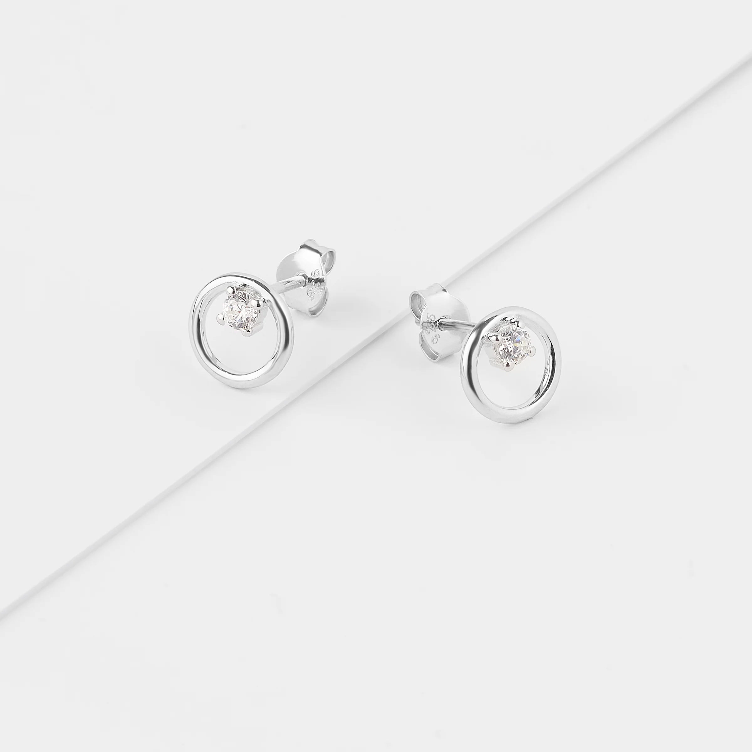 Sterling Silver Open Circle With Zirconia Stud Earrings 9mm - Image 2