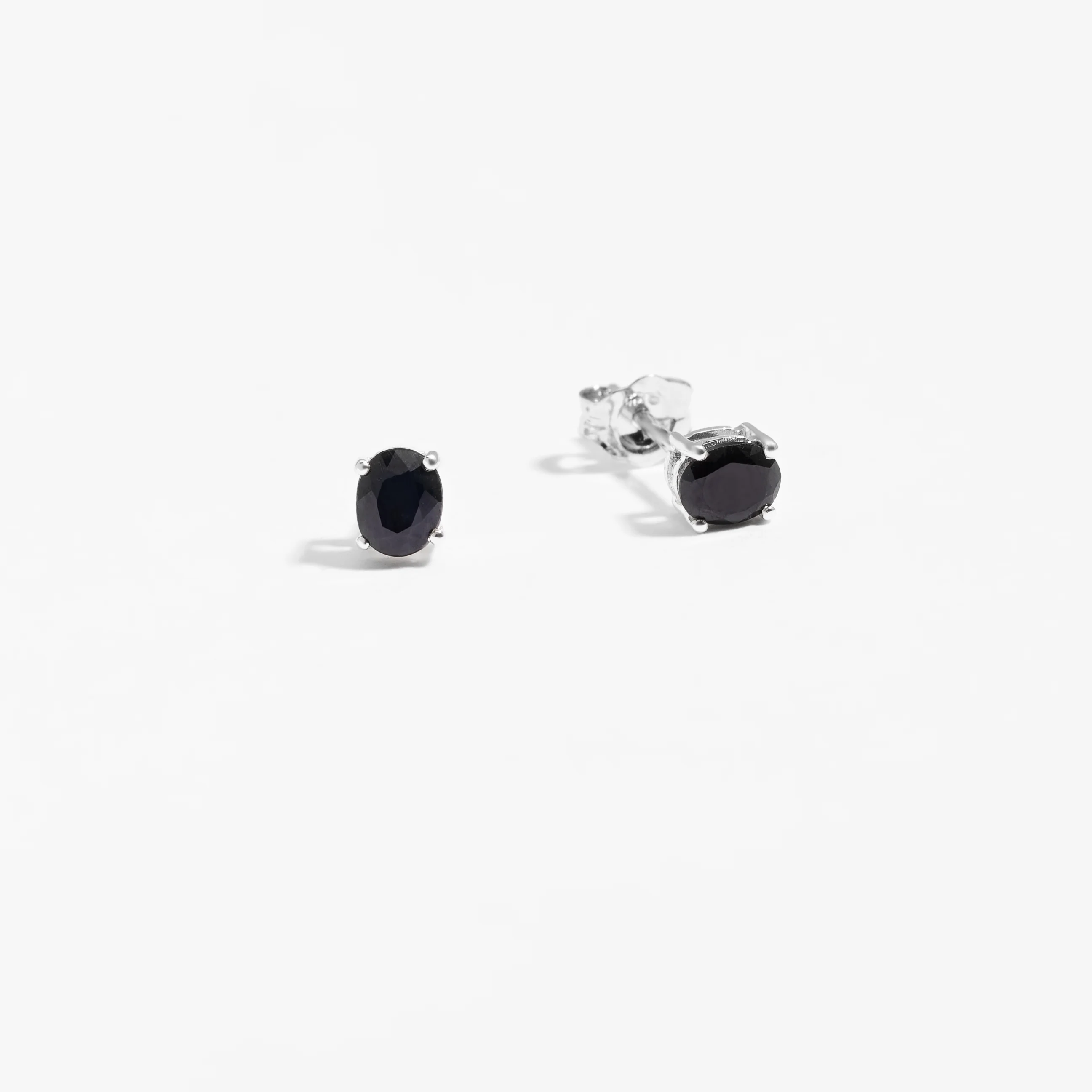 Sterling Silver Oval Black Sapphire September Birthstone Stud Earrings - Image 2
