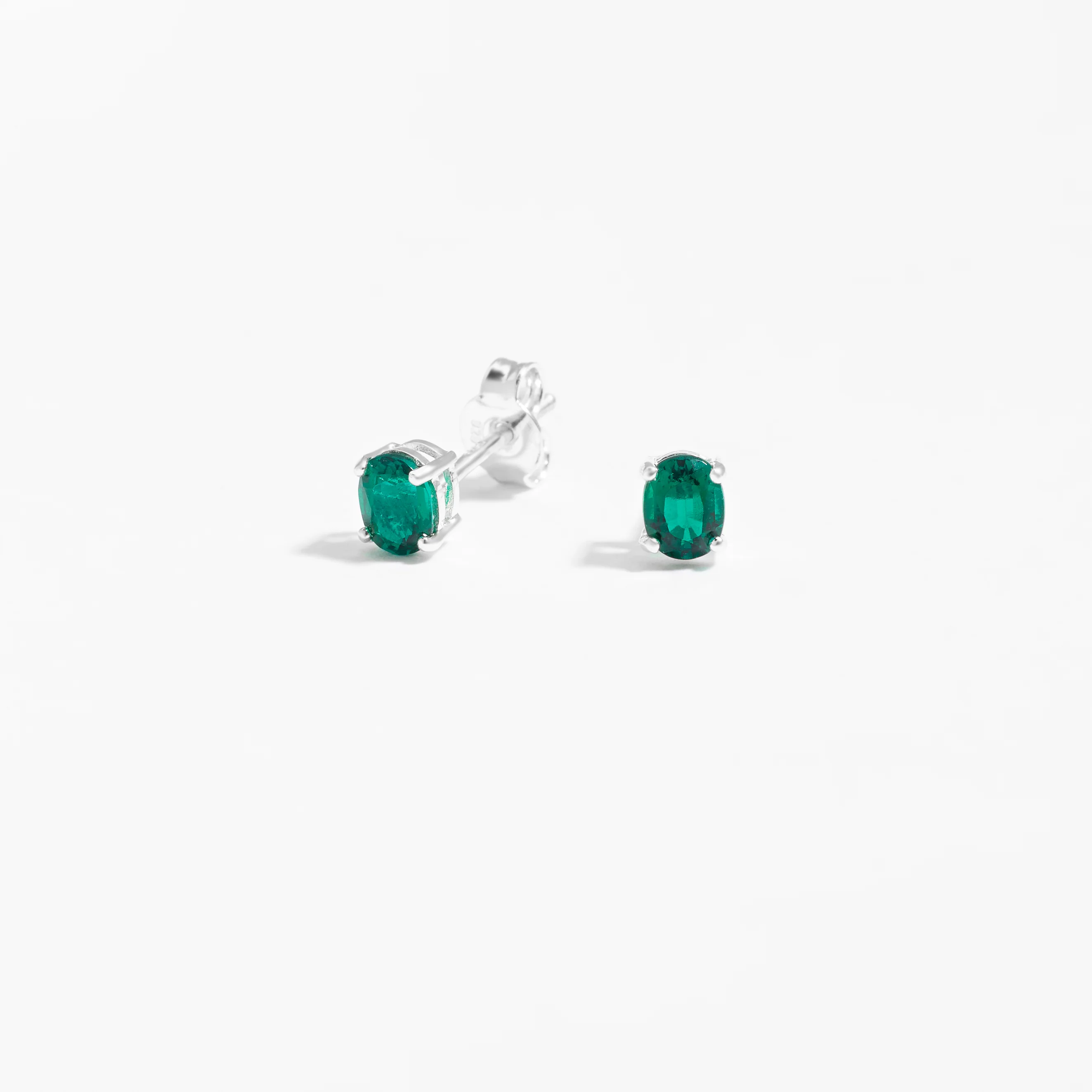 Sterling Silver Oval Created Emerald May Birthstone Stud Earrings - Image 2
