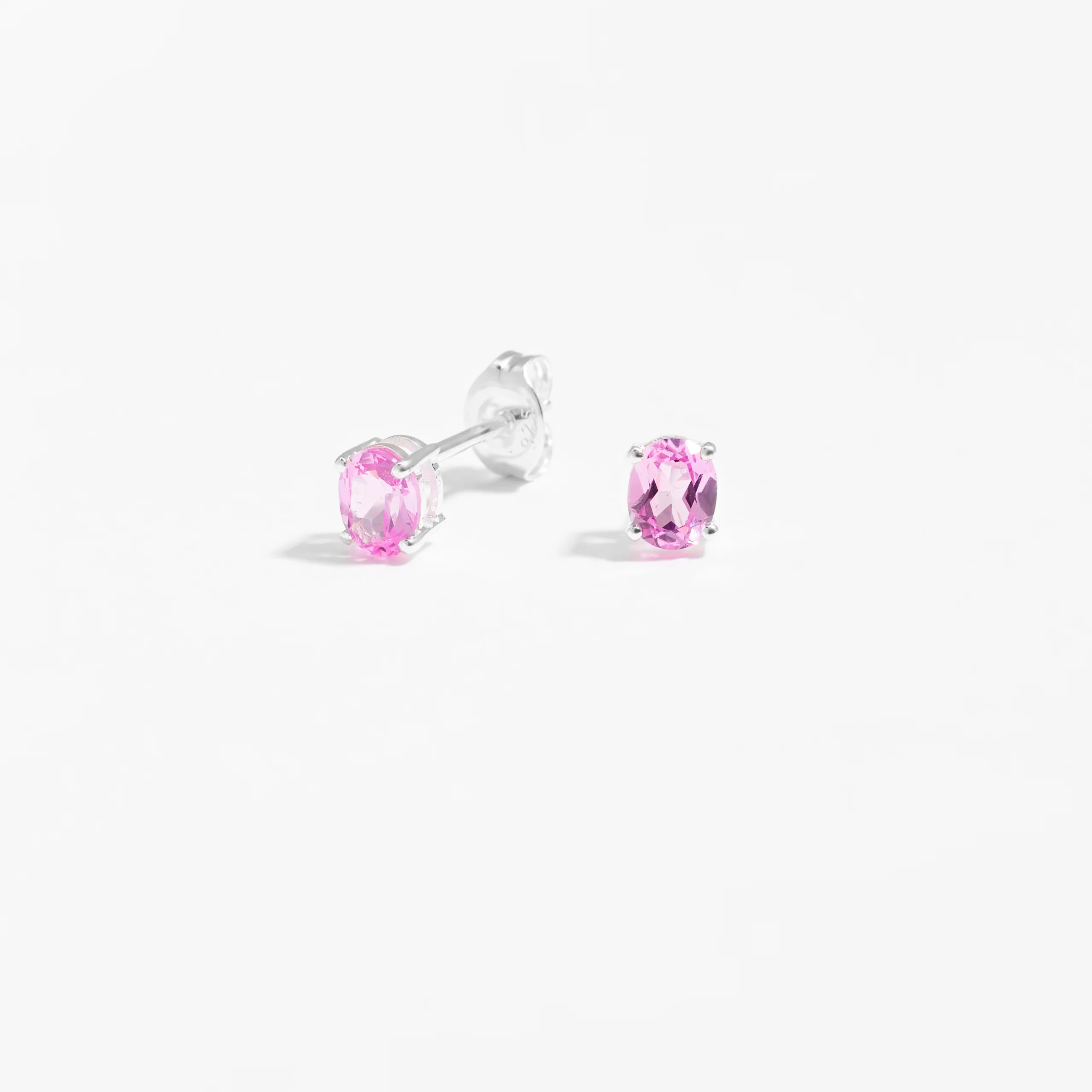 Sterling Silver Oval Created Pink Sapphire October Birthstone Stud Earrings - Image 2