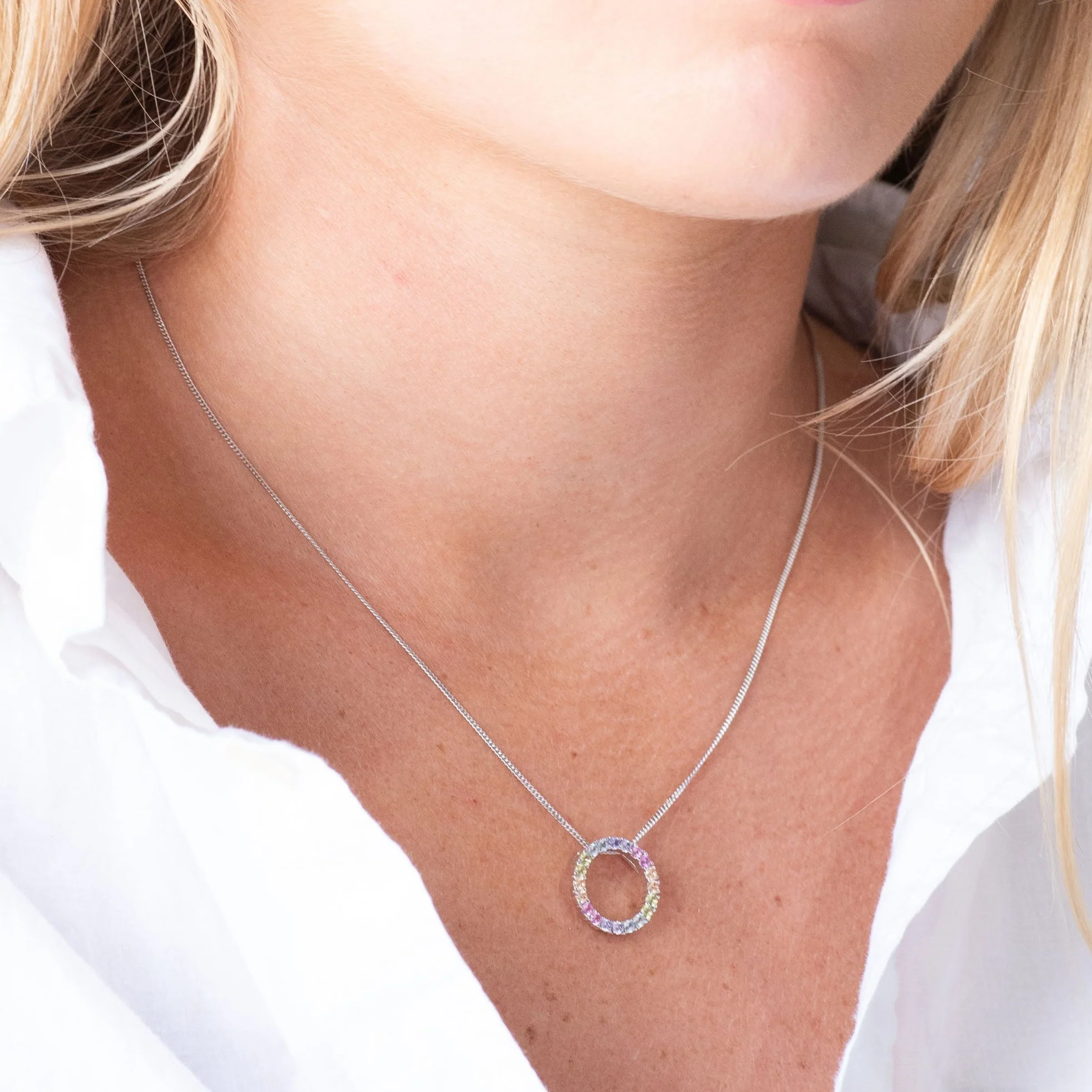 Sterling Silver Pastel Zirconia Open Circle Floating Pendant - Image 2