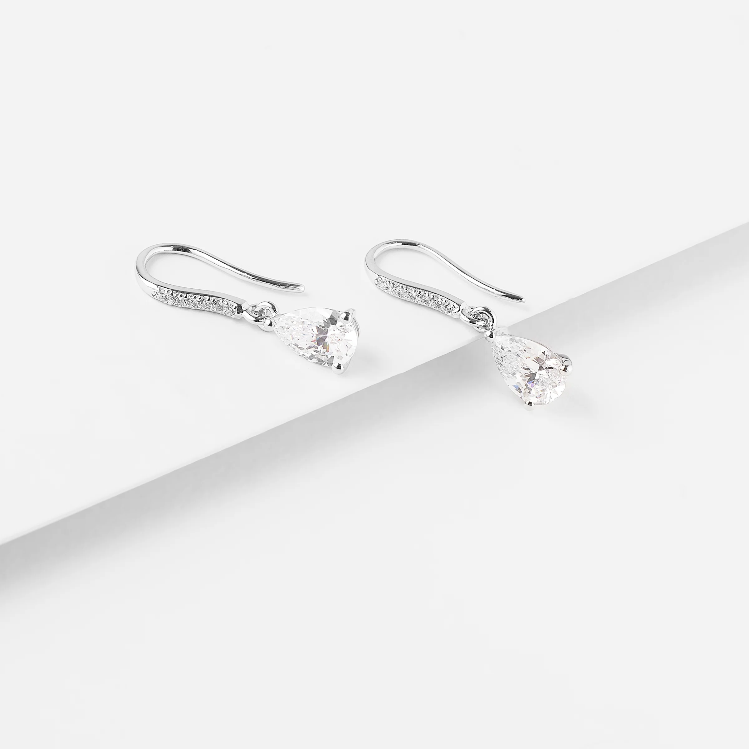 Sterling Silver Pear Zirconia Drop Shepherd Hook Earrings - Image 2