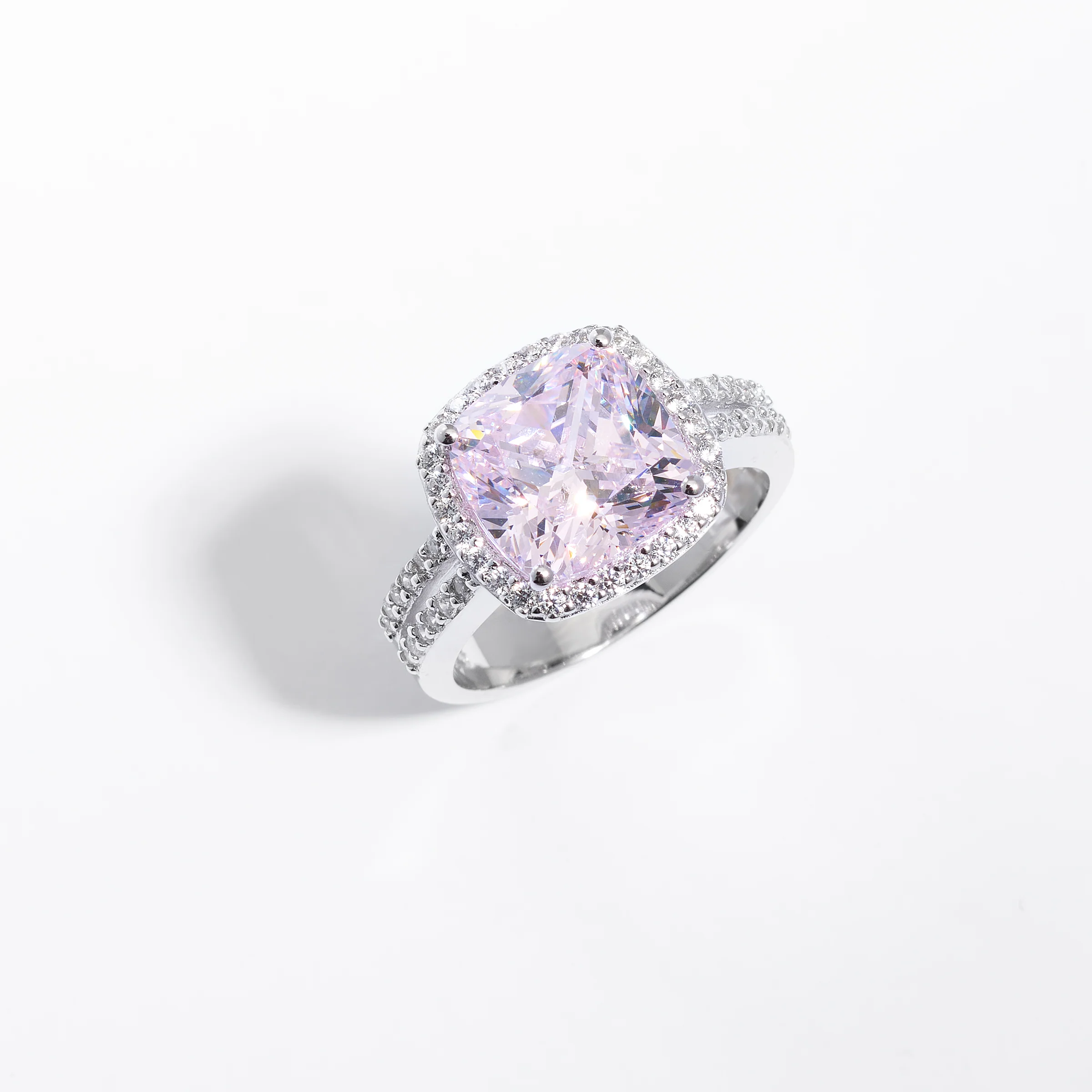 Sterling Silver Pink Zirconia Cushion Split Shank Ring - Image 2