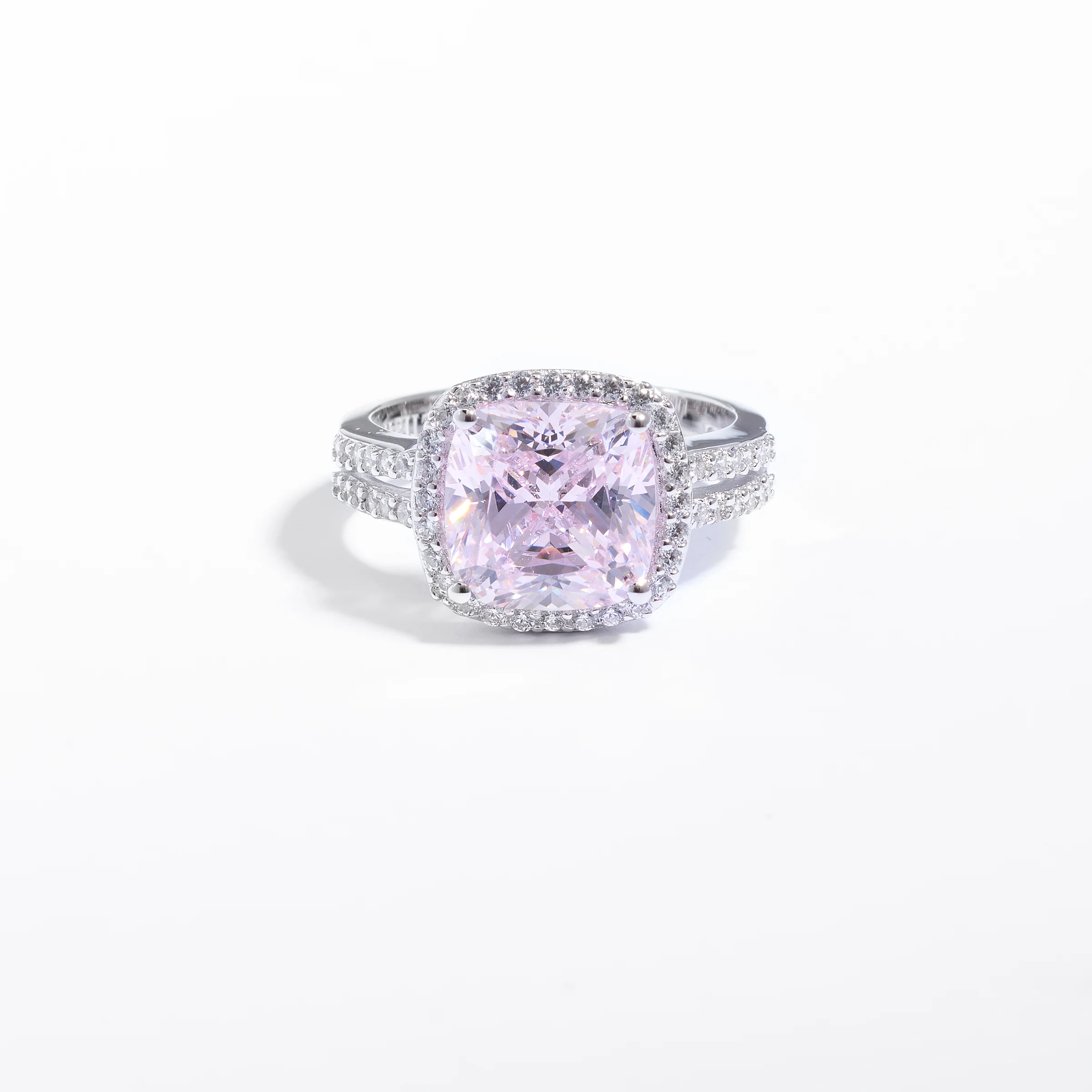 Sterling Silver Pink Zirconia Cushion Split Shank Ring - Image 3