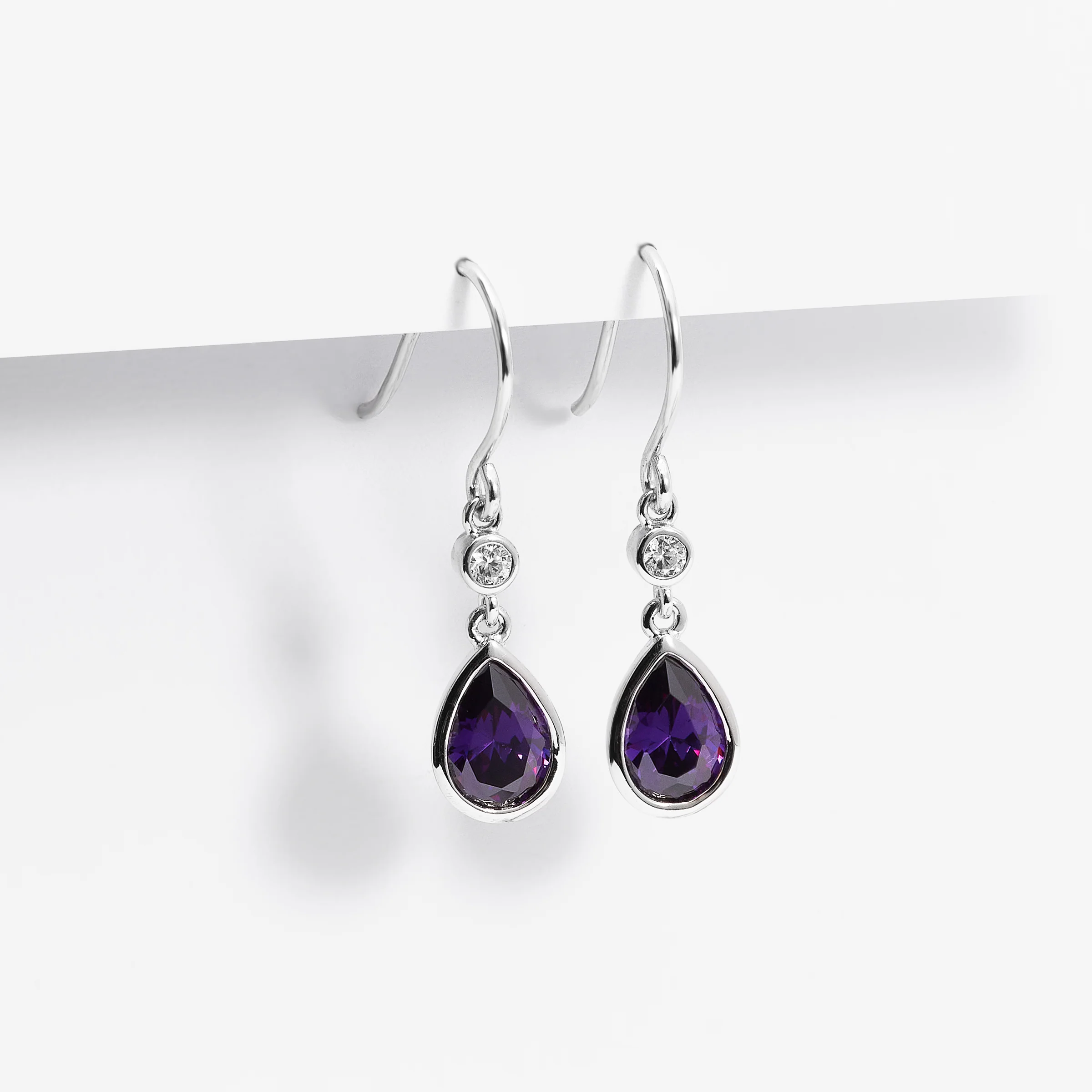 Sterling Silver Purple Pear And Round Zirconia Bezel Shepherd Hook Earrings - Image 2