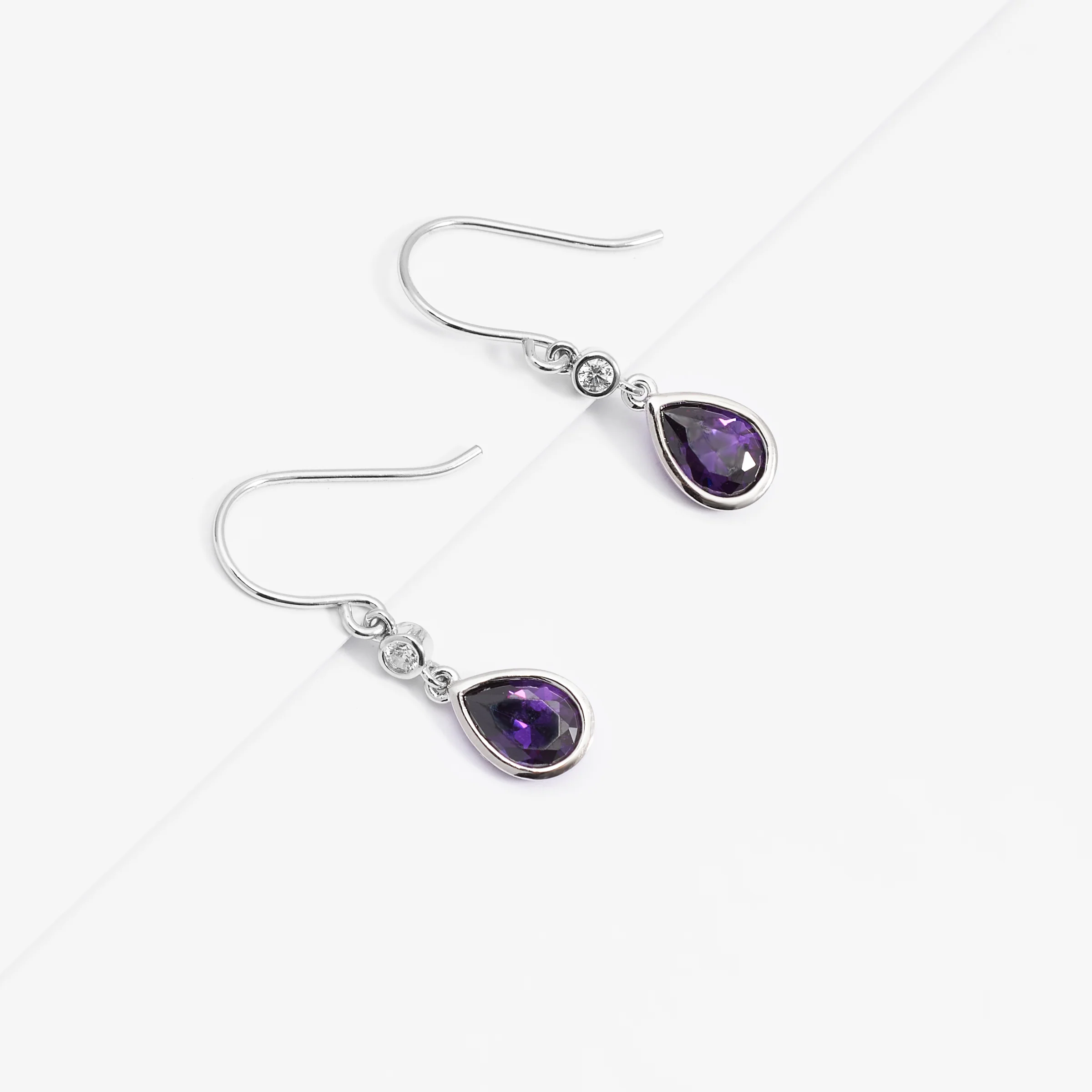 Sterling Silver Purple Pear And Round Zirconia Bezel Shepherd Hook Earrings - Image 3