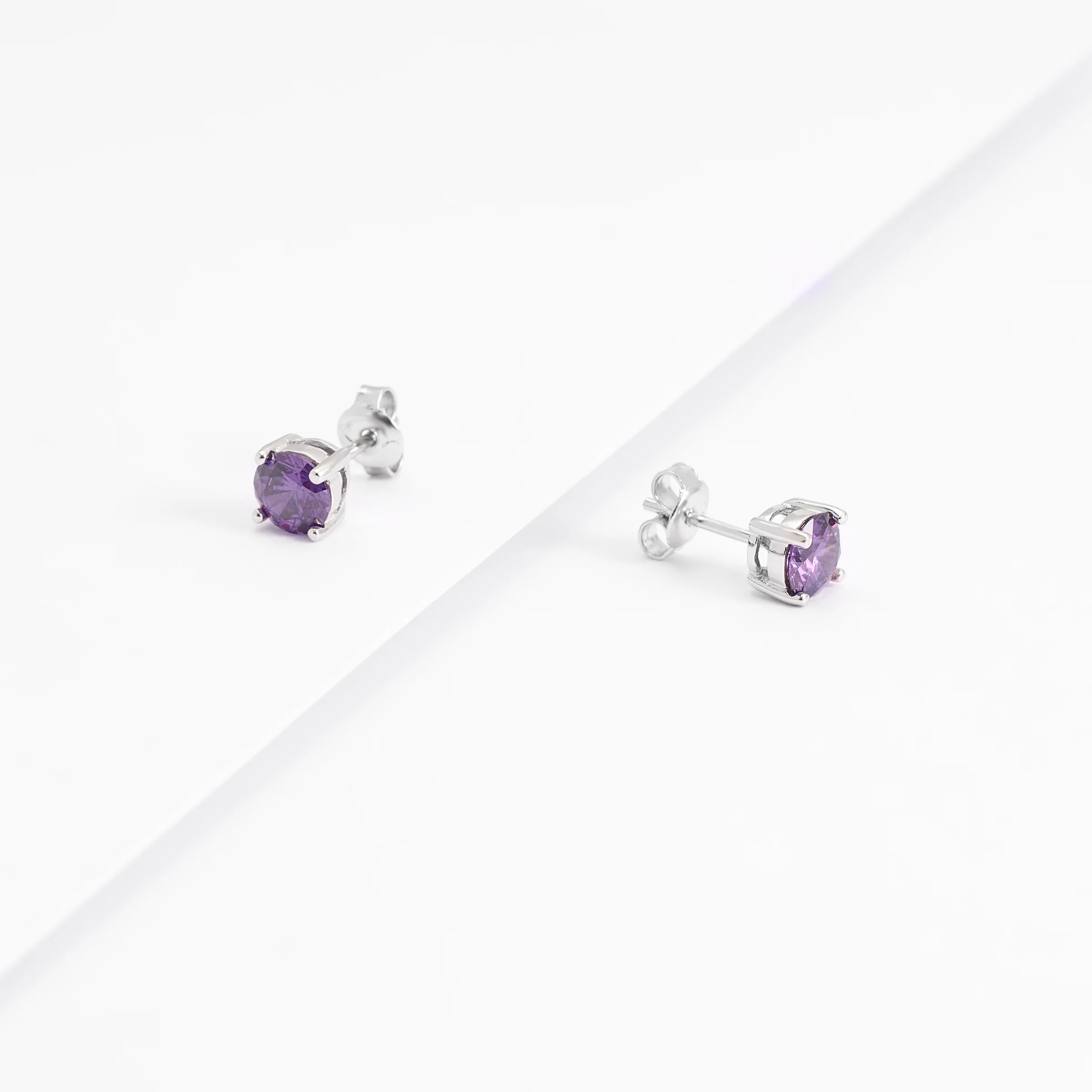 Sterling Silver Purple Zirconia Round Stud Earrings 6mm - Image 2