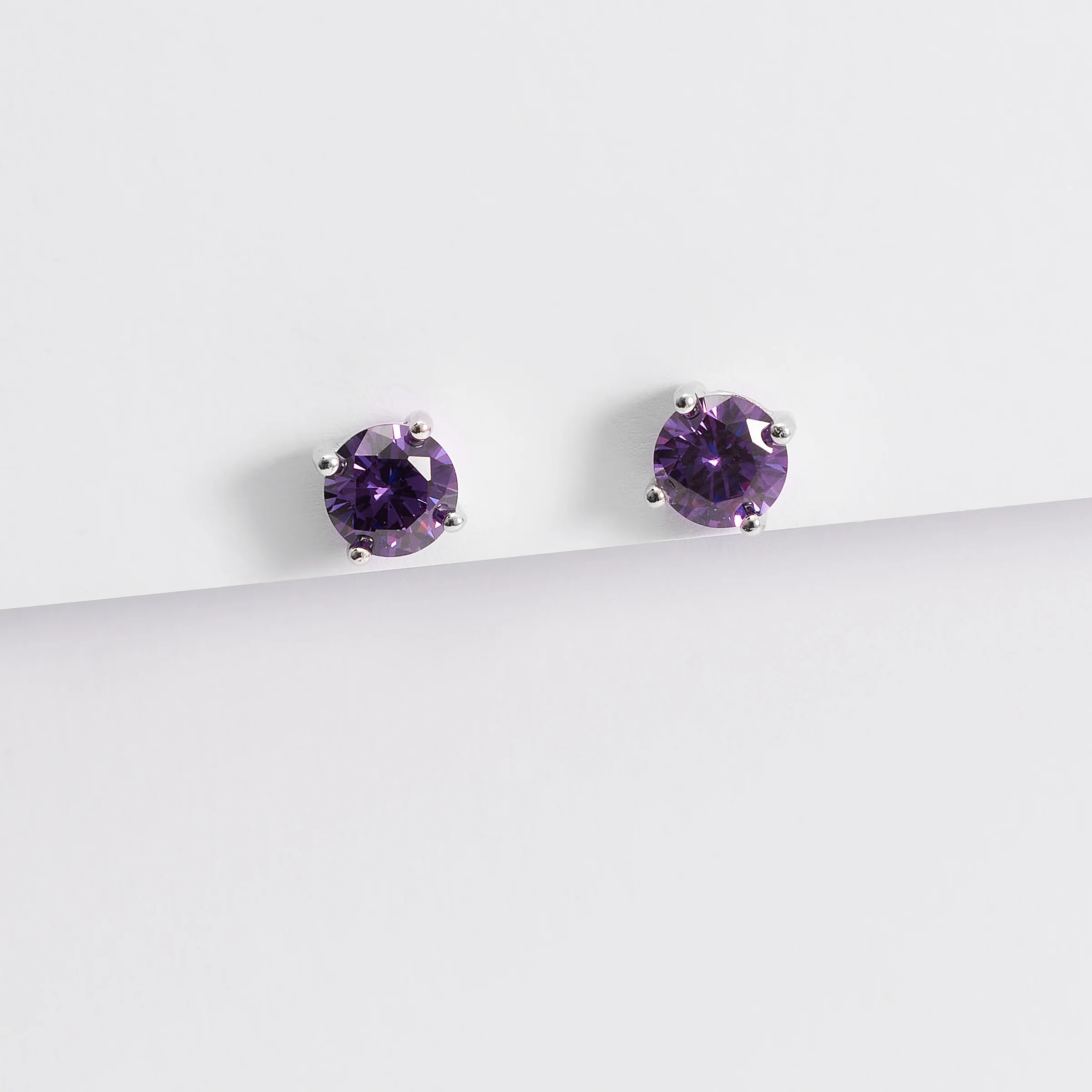 Sterling Silver Purple Zirconia Round Stud Earrings 6mm - Image 3